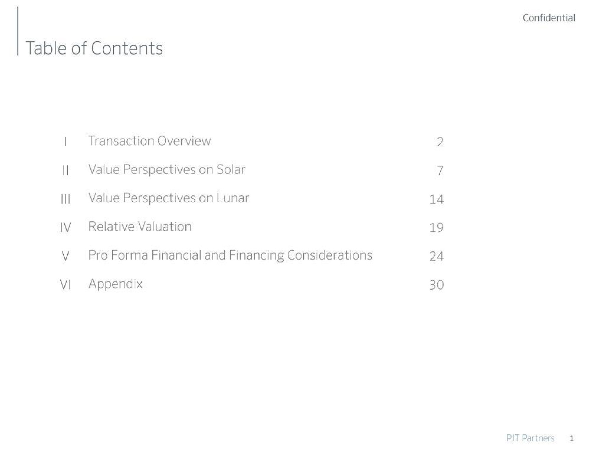 table of contents ill transaction overview value perspectives on solar value perspectives on lunar relative valuation pro financial and financing considerations appendix | PJT Partners
