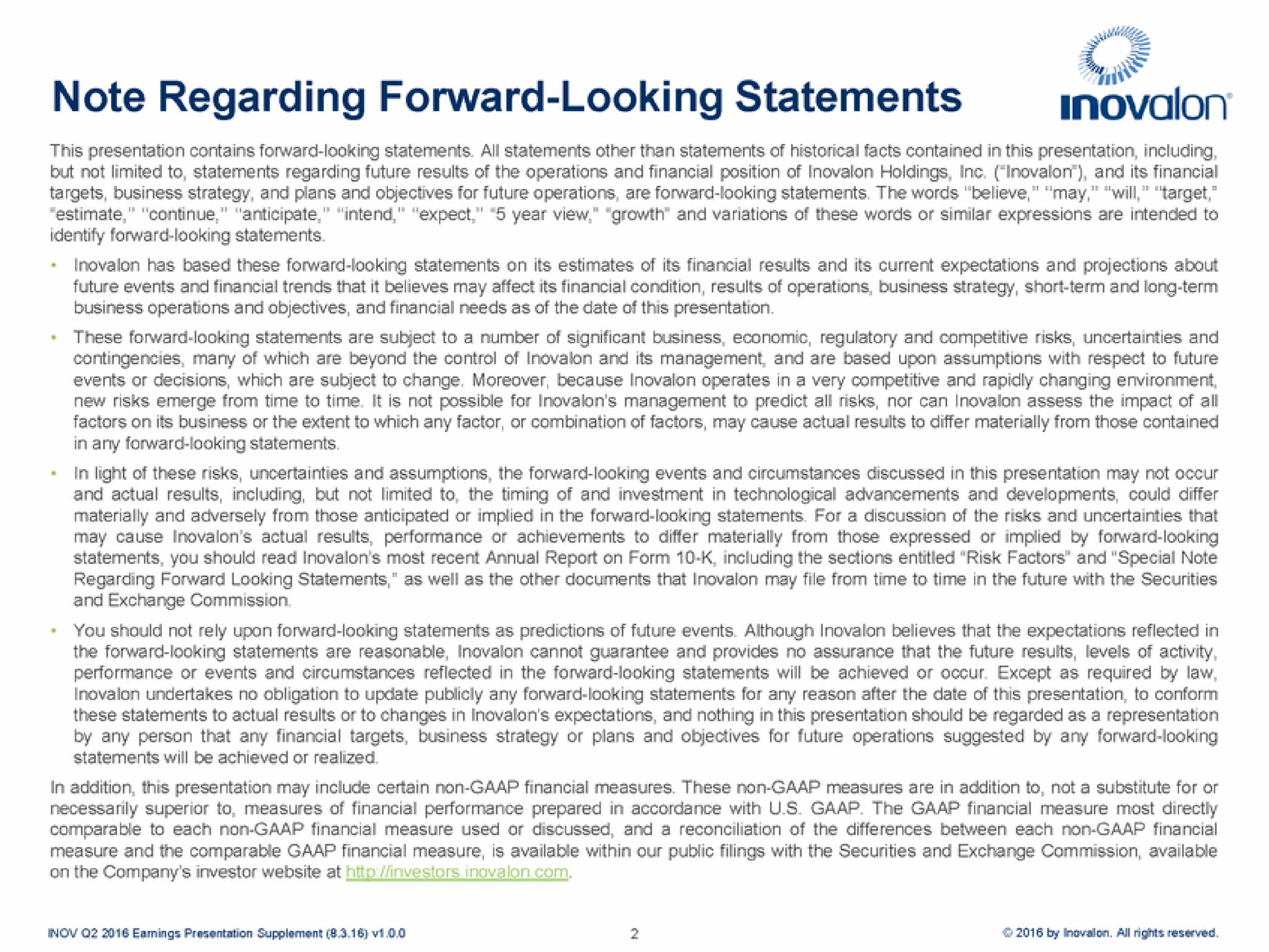 note regarding forward looking statements | Inovalon