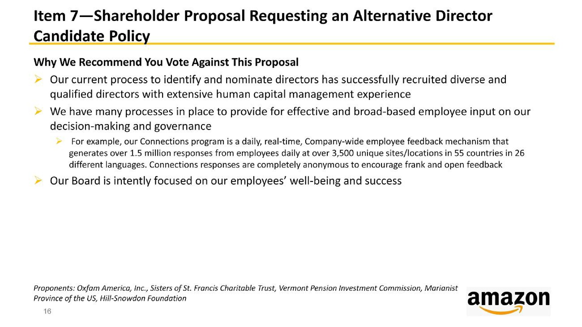 item shareholder proposal requesting an alternative director candidate policy | Amazon