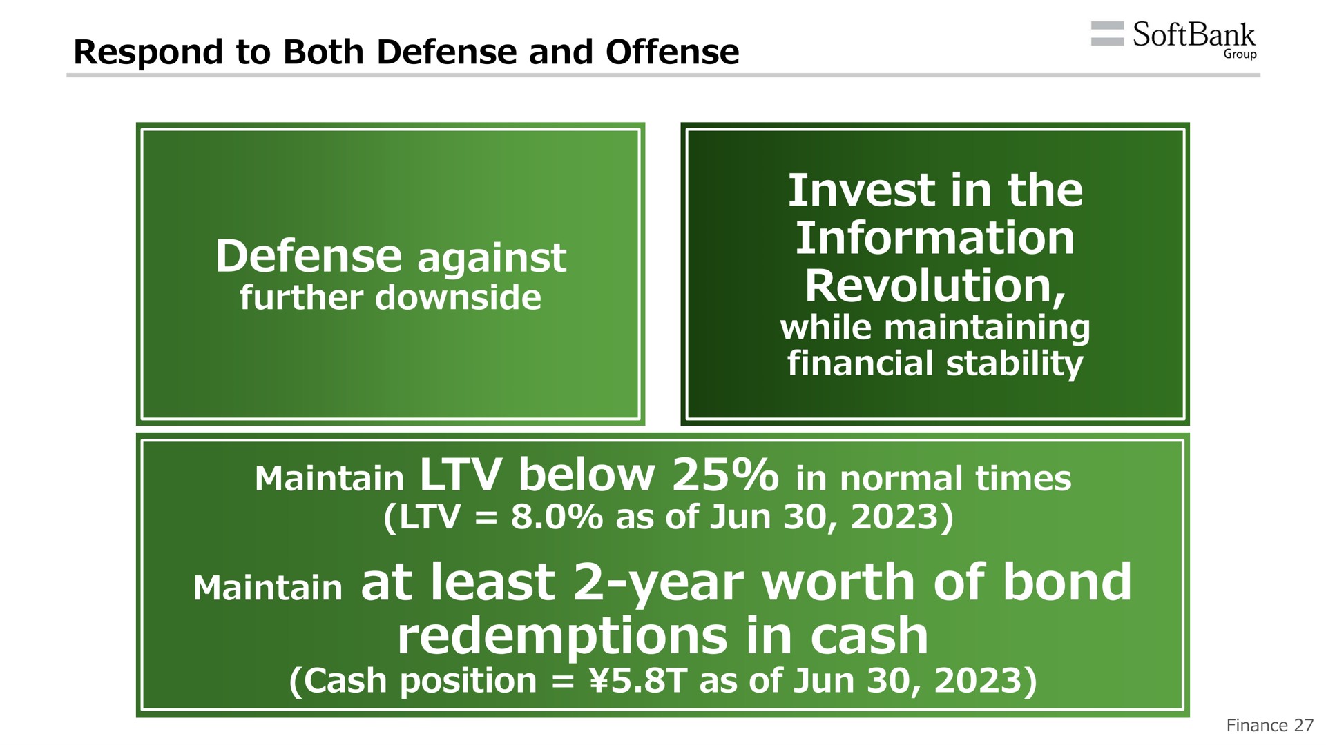 respond to both defense and offense defense against further downside invest in the information revolution while maintaining financial stability maintain below in normal times as of maintain at least year worth of bond maintain at least year worth of bond redemptions in cash redemptions in cash cash position as of cash position as of finance | SoftBank