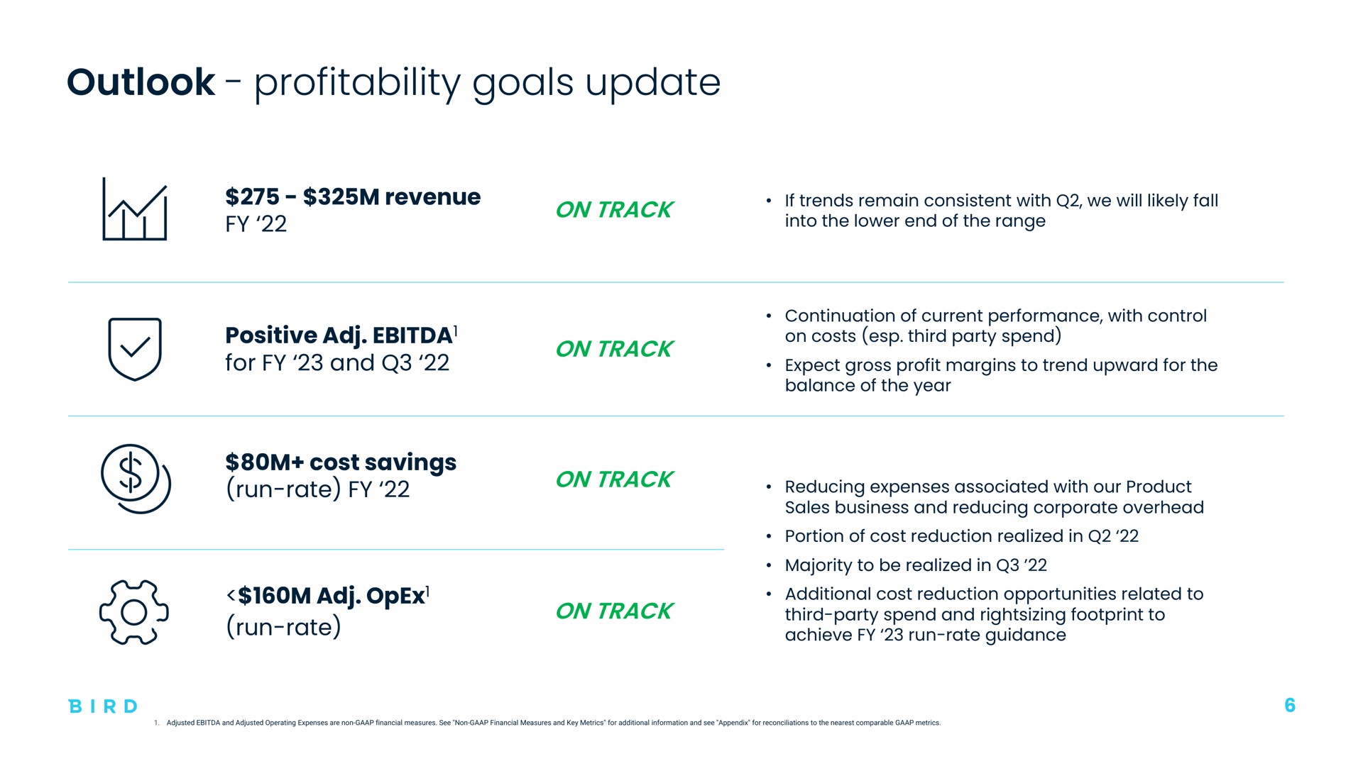 outlook profitability goals update | Bird