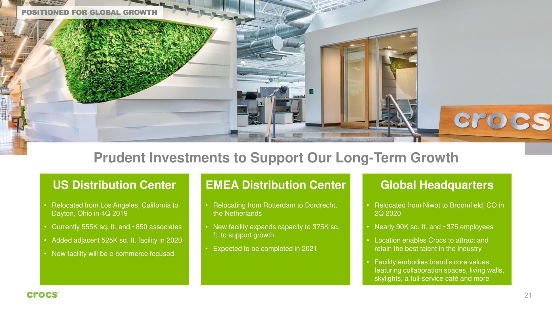 prudent investments to support our long term growth us distribution center distribution center global headquarters | Crocs