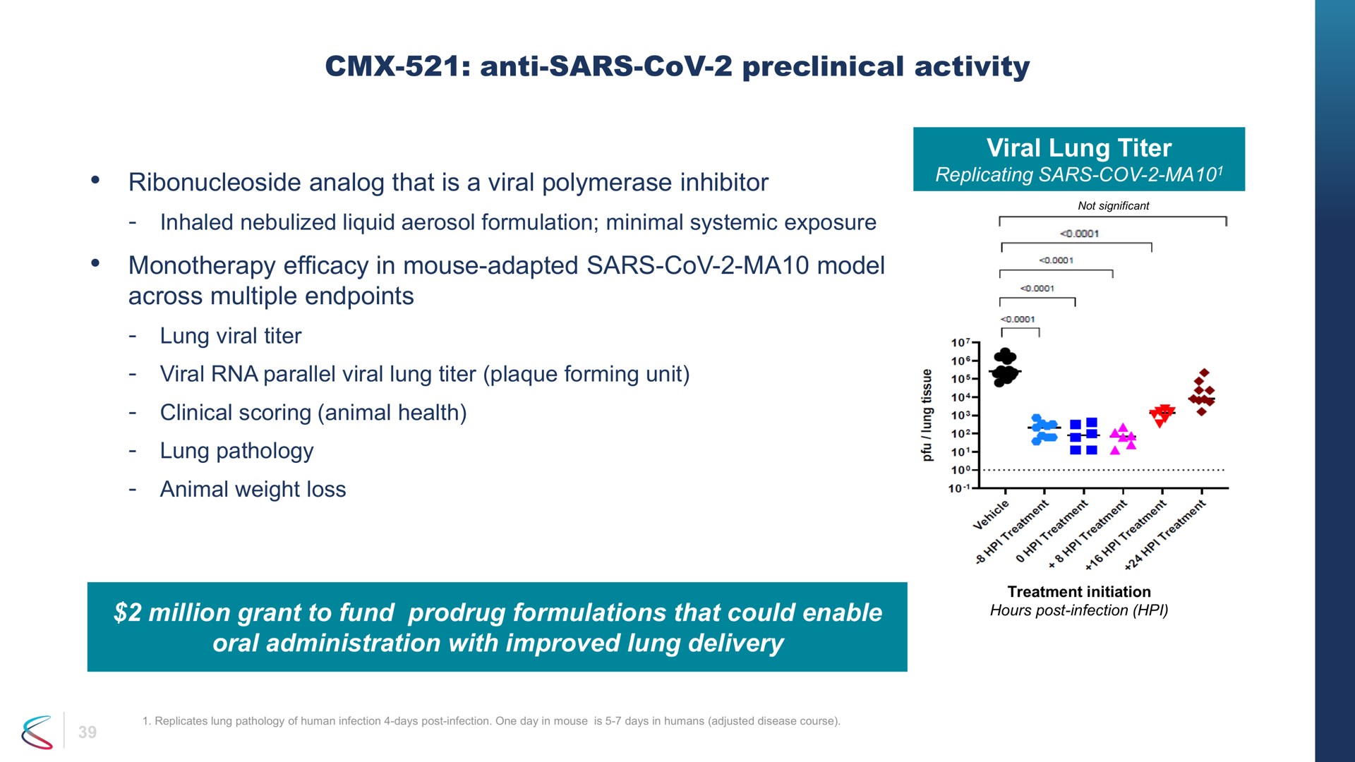 anti preclinical activity that is a viral inhibitor efficacy in mouse adapted model viral lung titer across multiple million grant to fund formulations that could enable oral administration with improved lung delivery inhaled liquid aerosol formulation minimal systemic exposure replicating hours post infection | Chimerix