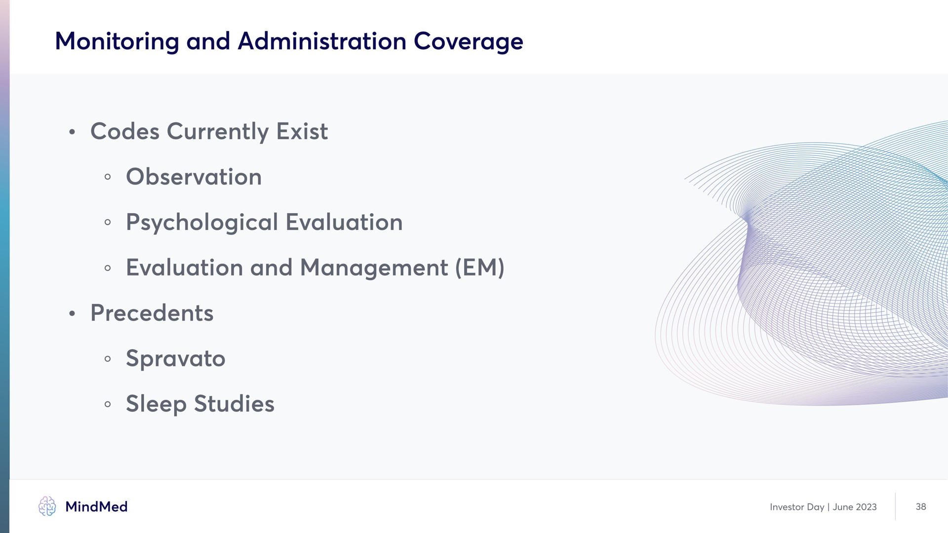 monitoring and administration coverage codes currently exist observation psychological evaluation evaluation and management sleep studies | MindMed