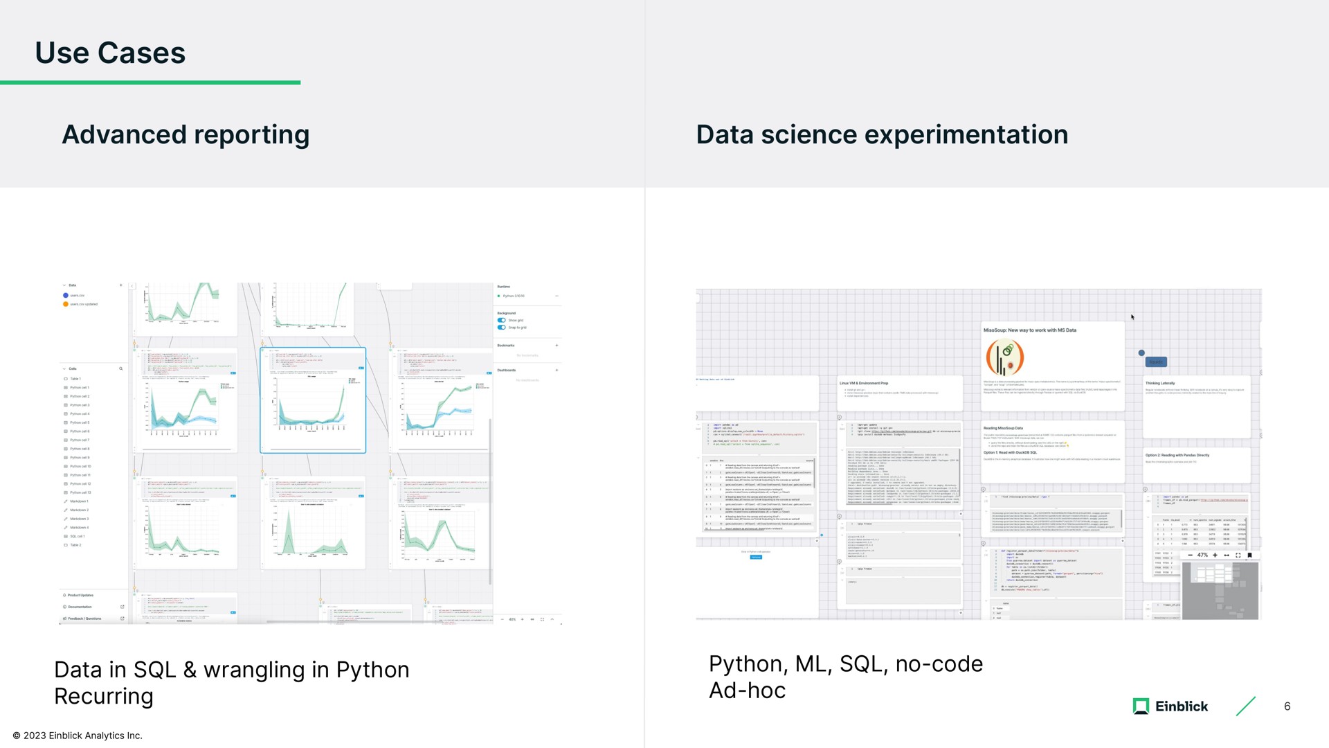 use cases advanced reporting data science experimentation in wrangling in python recurring python no code | Einblick