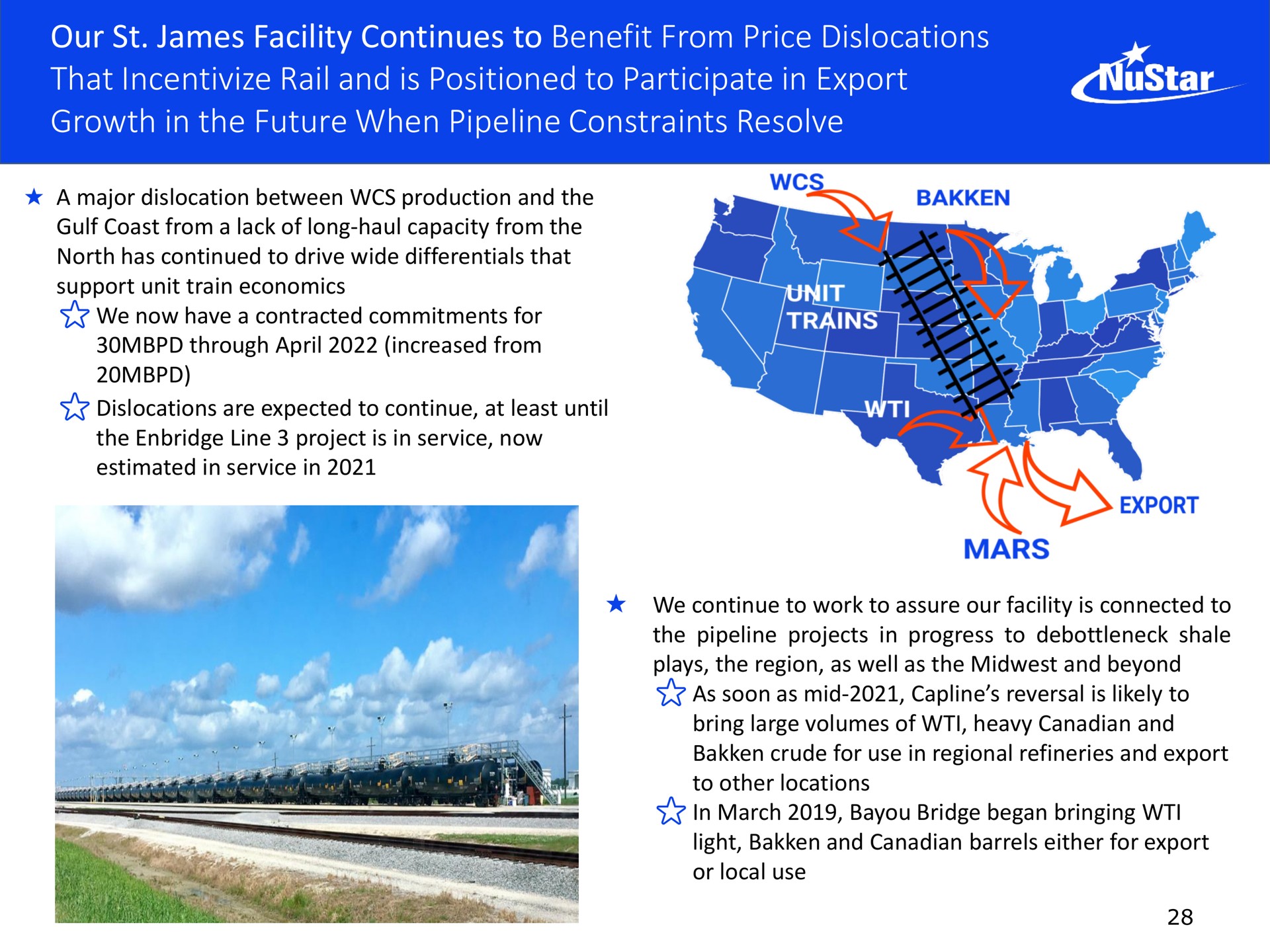 our james facility continues to benefit from price dislocations that rail and is positioned to participate in export growth in the future when pipeline constraints resolve | NuStar Energy