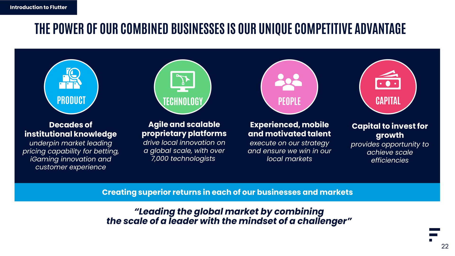 the power of our combined businesses is our unique competitive advantage product technology people capital leading the global market by combining the scale of a leader with the of a challenger | Flutter