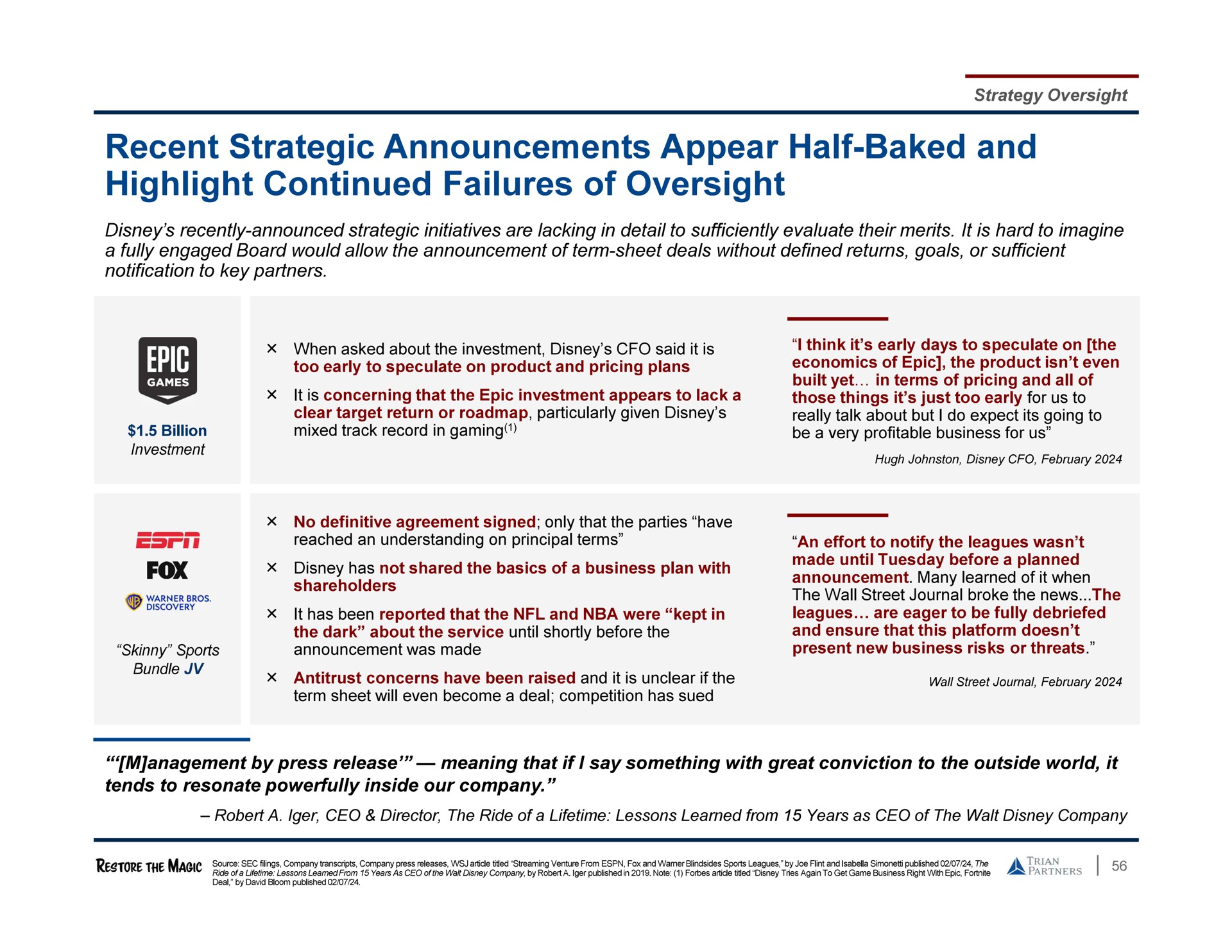 recent strategic announcements appear half baked and highlight continued failures of oversight | Trian Partners