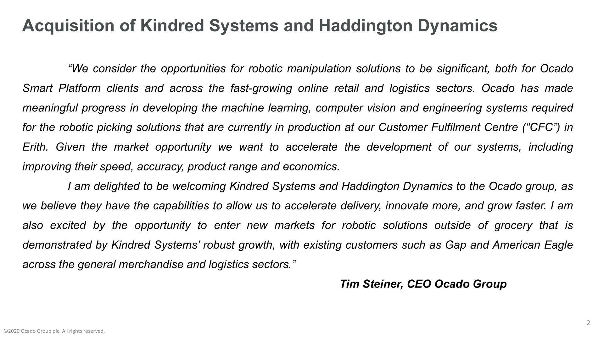 acquisition of kindred systems and dynamics | Ocado