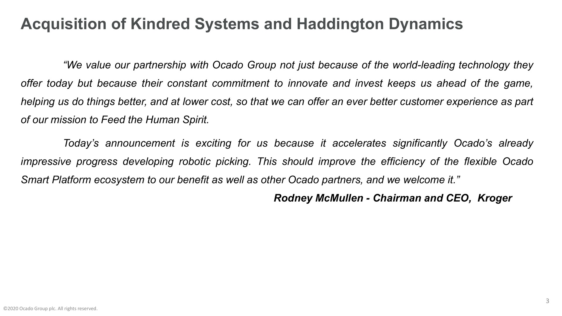 acquisition of kindred systems and dynamics | Ocado