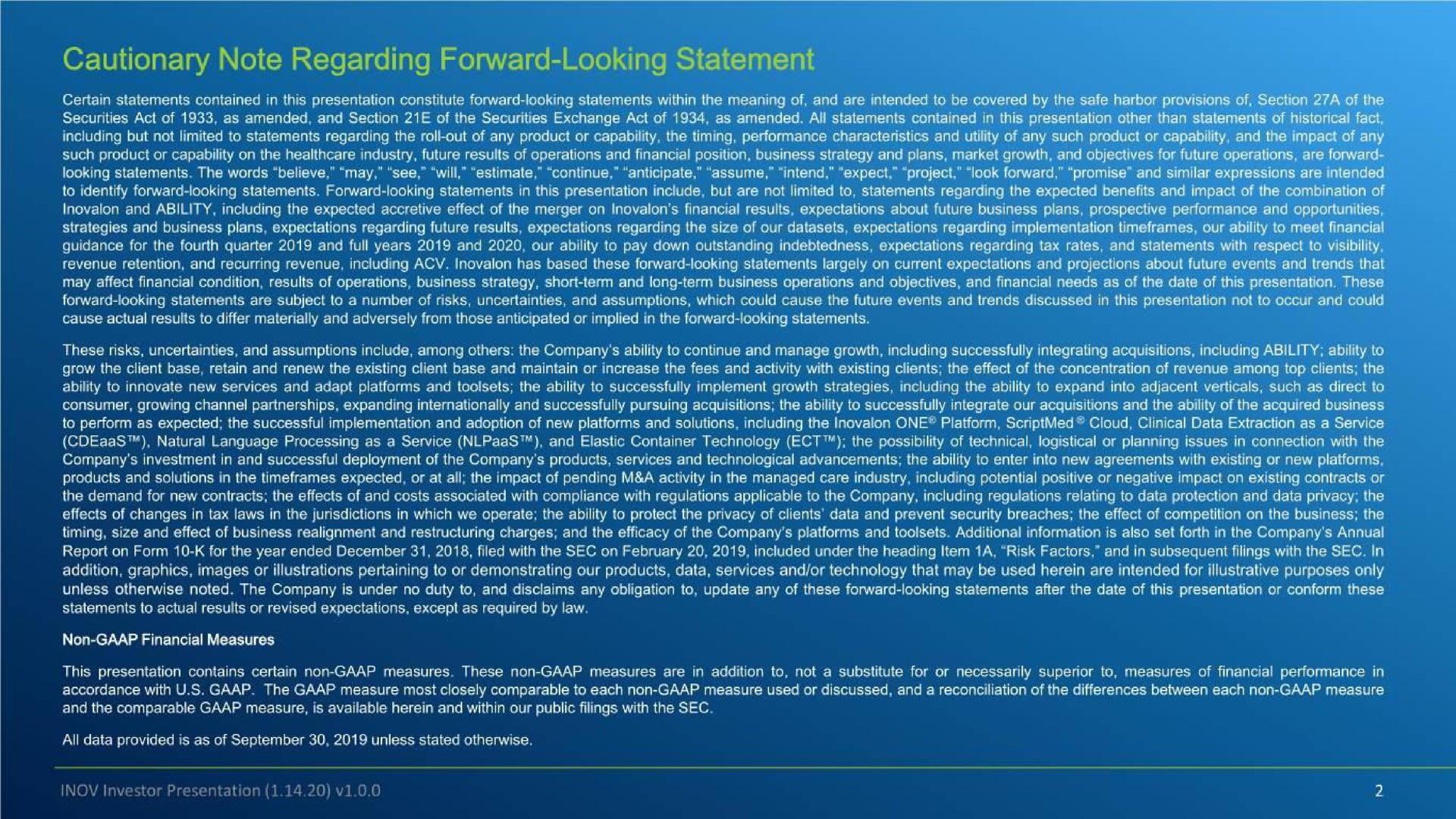cautionary note regarding forward looking statement | Inovalon