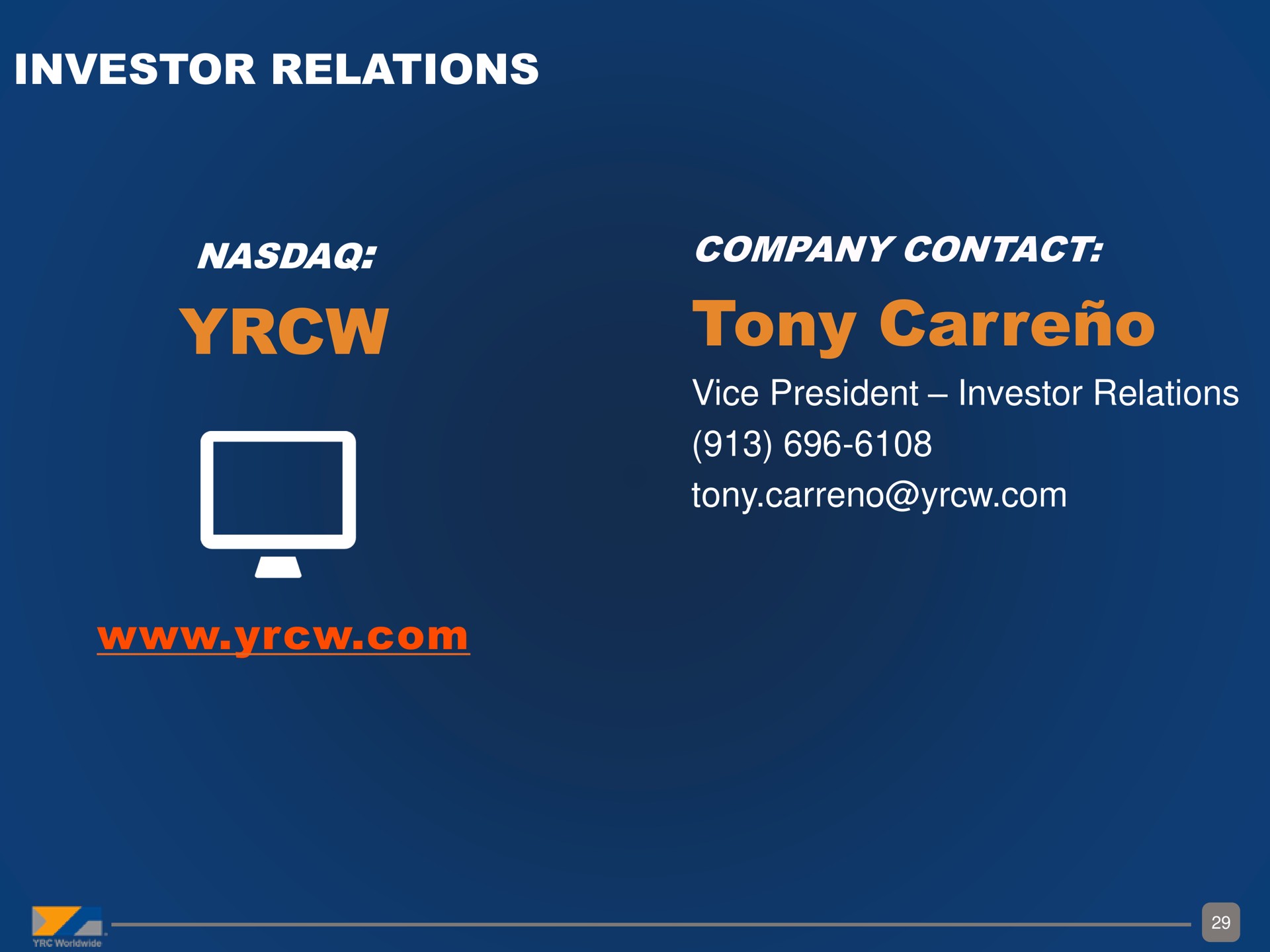 investor relations company contact tony vice president investor relations tony | Yellow Corporation