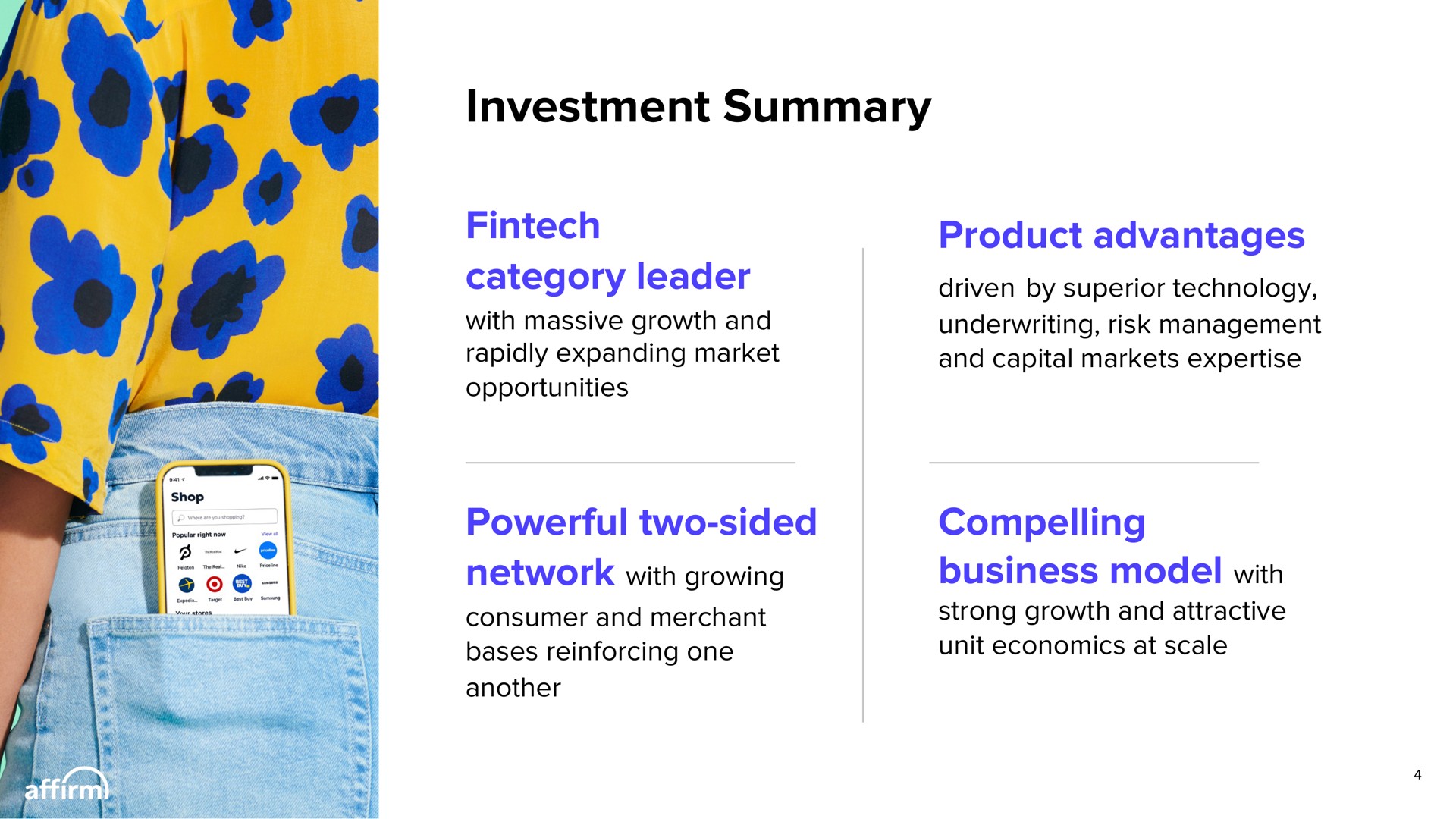investment summary product advantages | Affirm