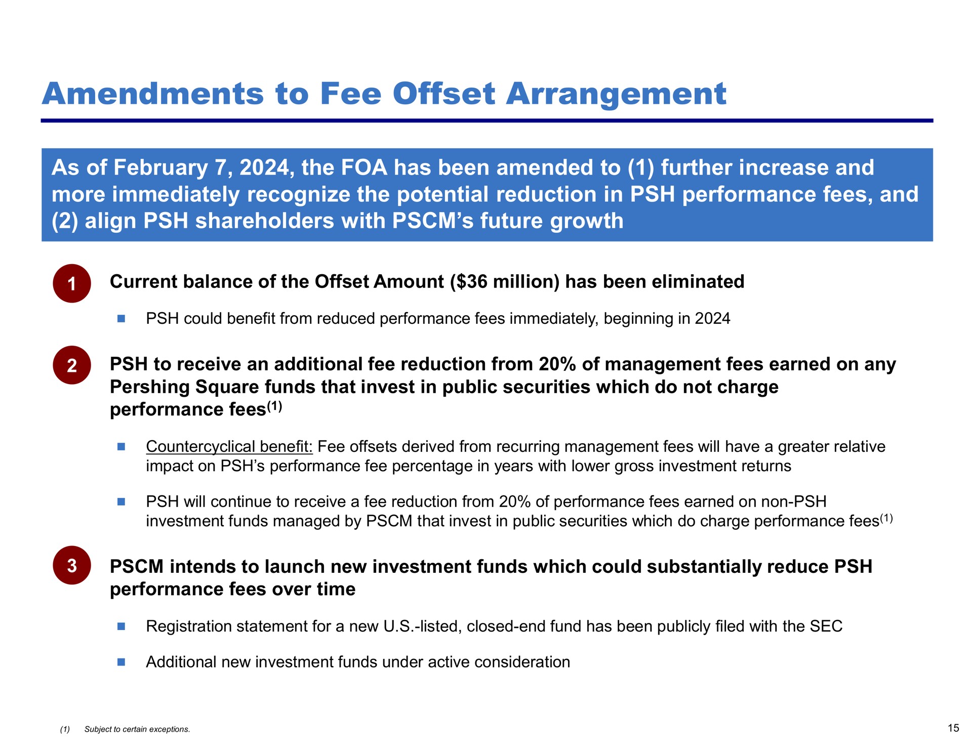 amendments to fee offset arrangement | Pershing Square