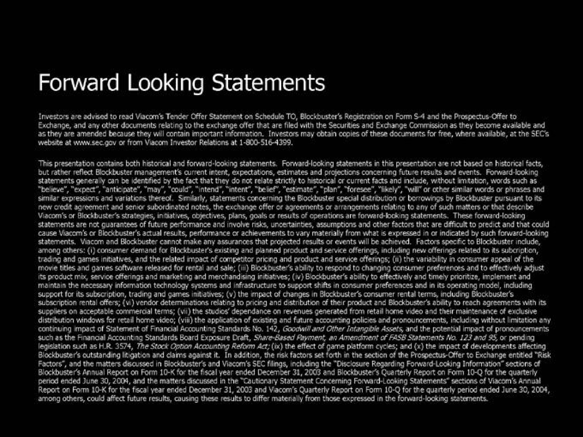 forward looking statements | Blockbuster Video