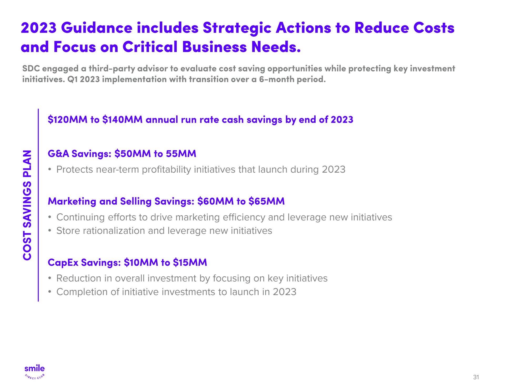 guidance includes strategic actions to reduce costs and focus on critical business needs | SmileDirectClub