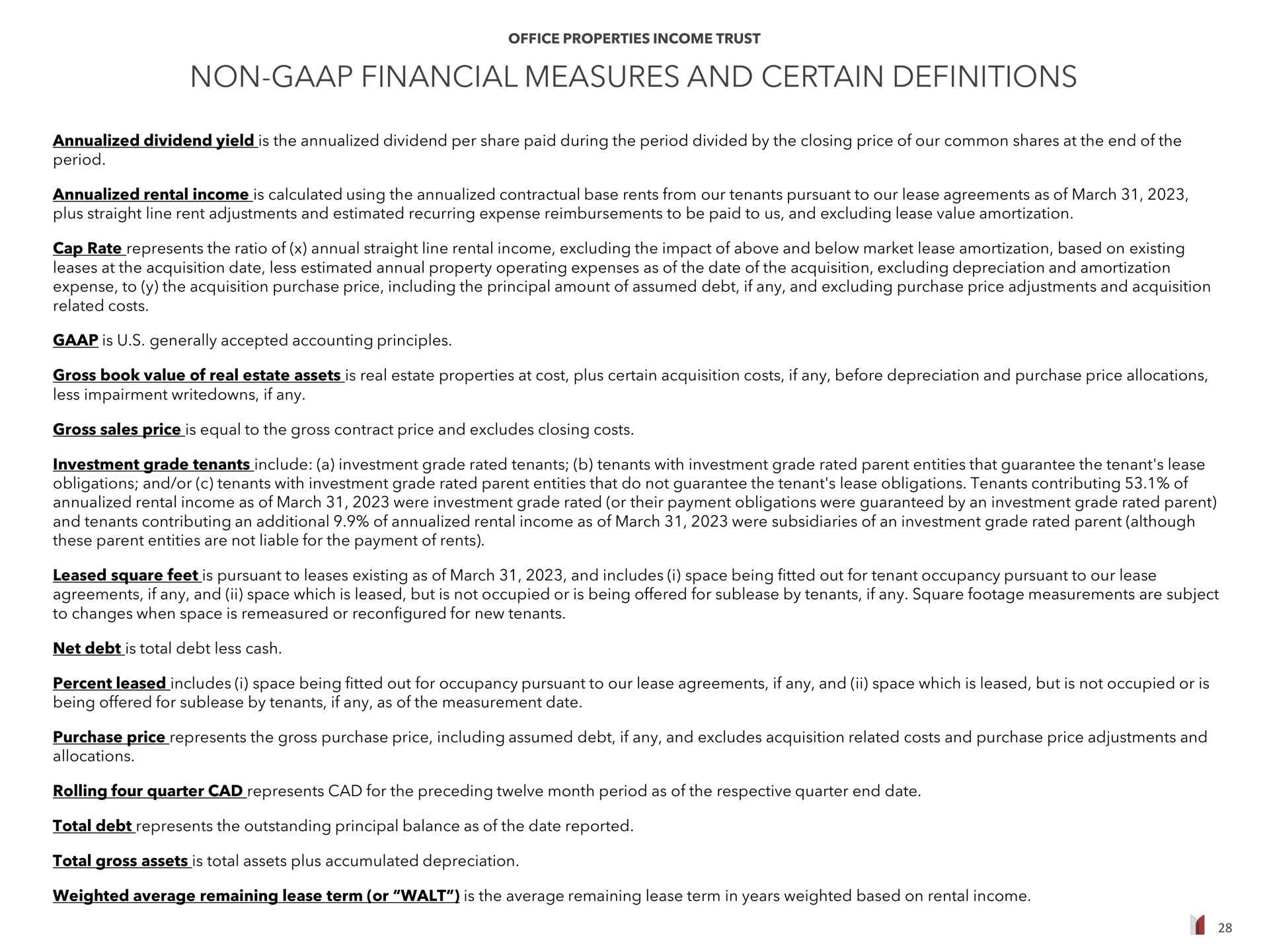 non financial measures and certain definitions | Office Properties Income Trust