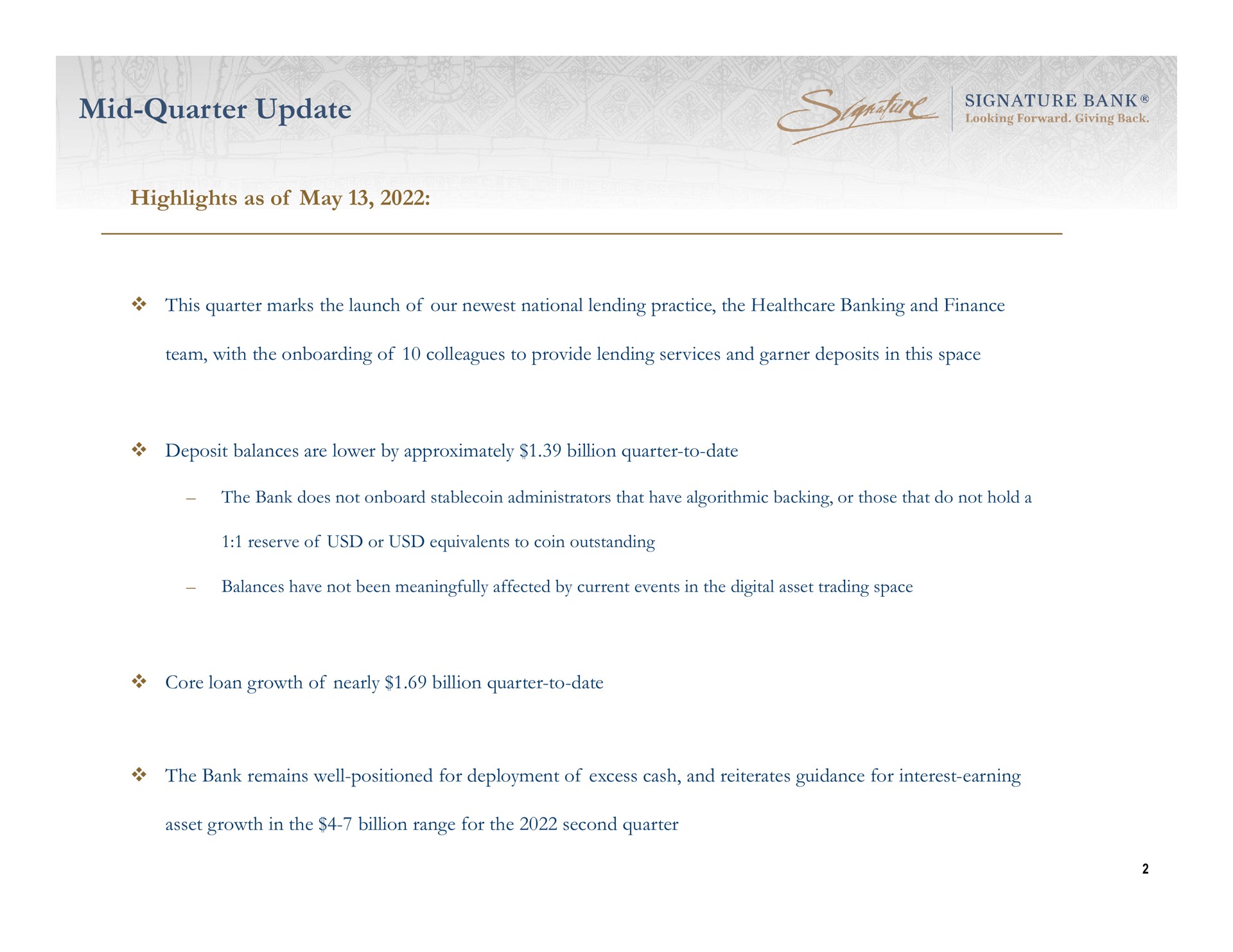 mid quarter update see highlights as of may | Signature Bank