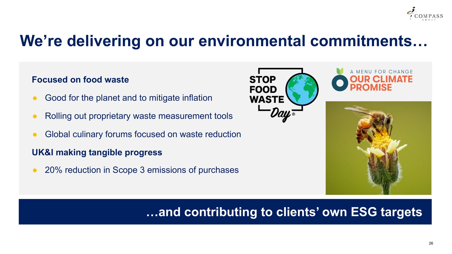 we delivering on our environmental commitments a compass focused food waste good for the planet and to mitigate inflation rolling out proprietary waste measurement tools aye global culinary forums focused waste reduction making tangible progress reduction in scope emissions of purchases climate promise | Compass Group