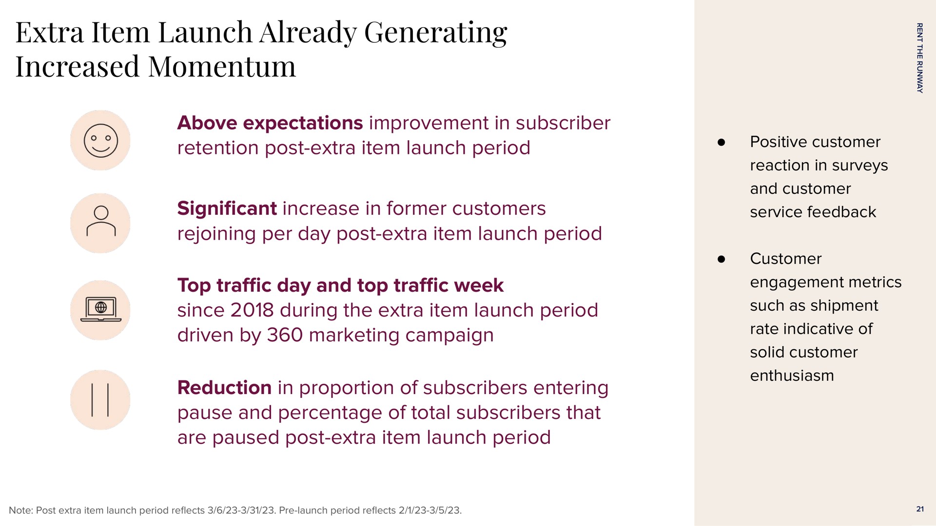 extra item launch already generating increased momentum above expectations improvement in subscriber retention post extra item launch period cant increase in former customers rejoining per day post extra item launch period top tra day and top tra week since during the extra item launch period driven by marketing campaign reduction in proportion of subscribers entering pause and percentage of total subscribers that are paused post extra item launch period positive customer reaction in surveys and customer service feedback customer engagement metrics such as shipment rate indicative of solid customer enthusiasm | Rent The Runway