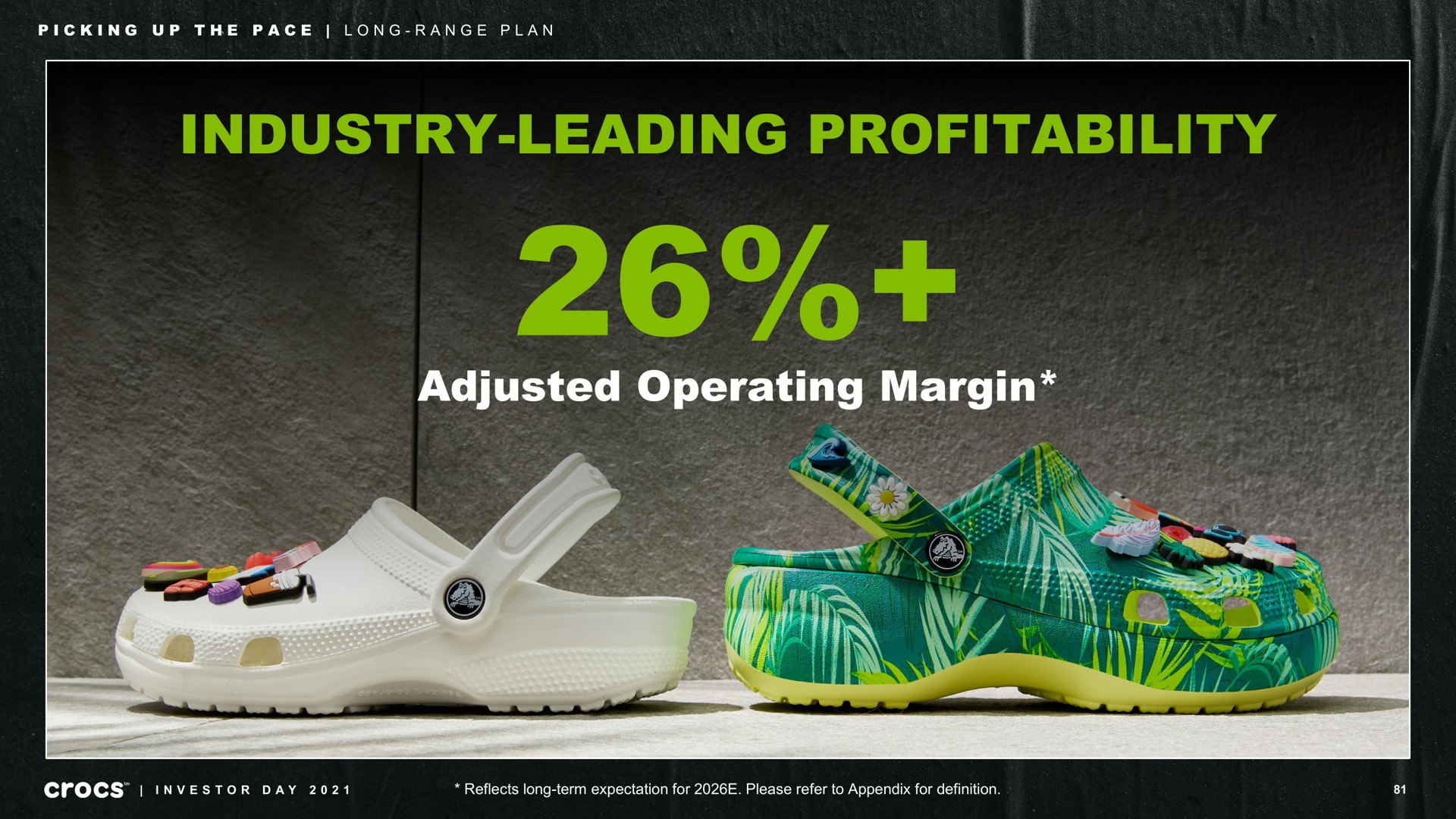 industry leading profitability adjusted operating margin picking up the pace long range plan investor day reflects long term expectation for please refer to appendix for definition at | Crocs