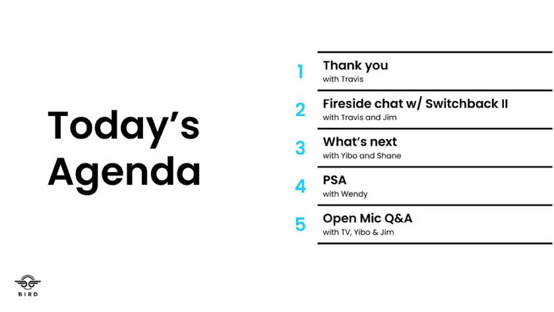 today agenda fireside chat switchback open a | Bird