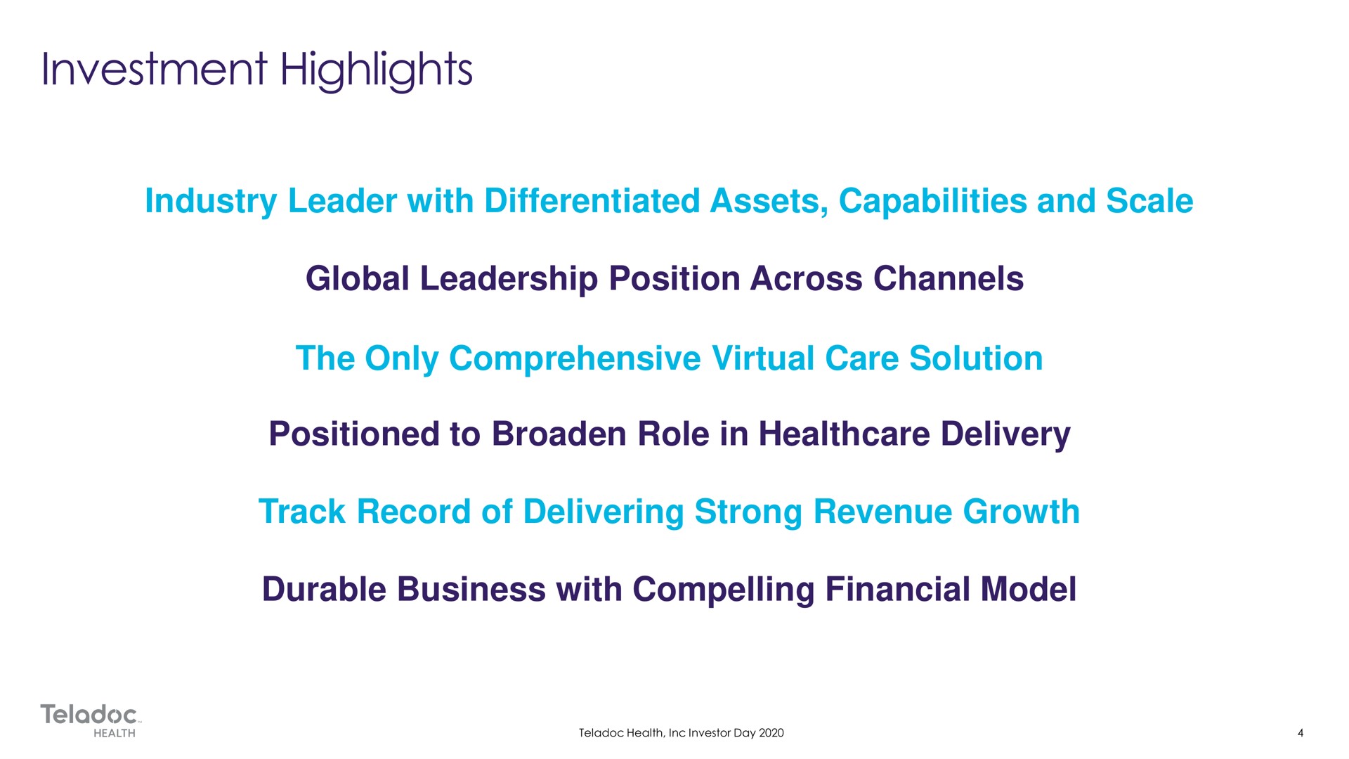 industry leader with differentiated assets capabilities and scale global leadership position across channels the only comprehensive virtual care solution positioned to broaden role in delivery track record of delivering strong revenue growth durable business with compelling financial model investment highlights | Teladoc