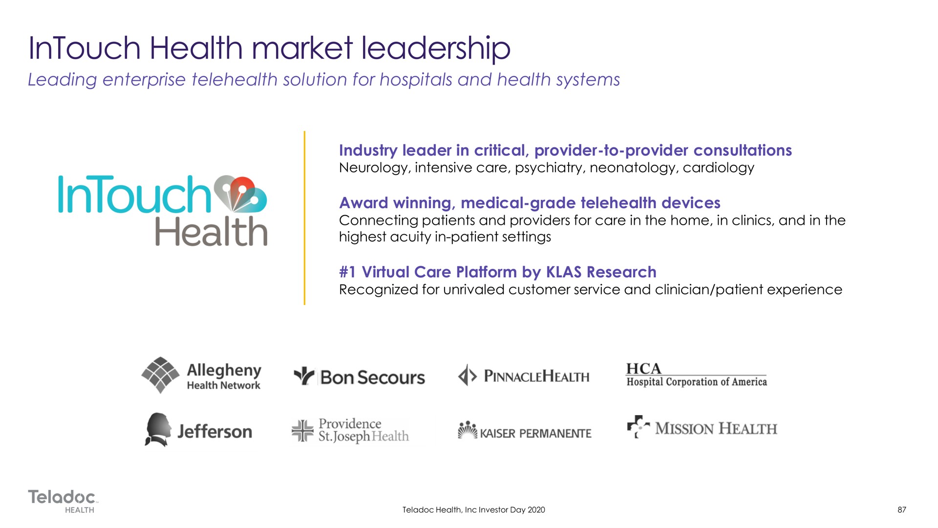industry leader in critical provider to provider consultations award winning medical grade devices virtual care platform by research health market leadership | Teladoc
