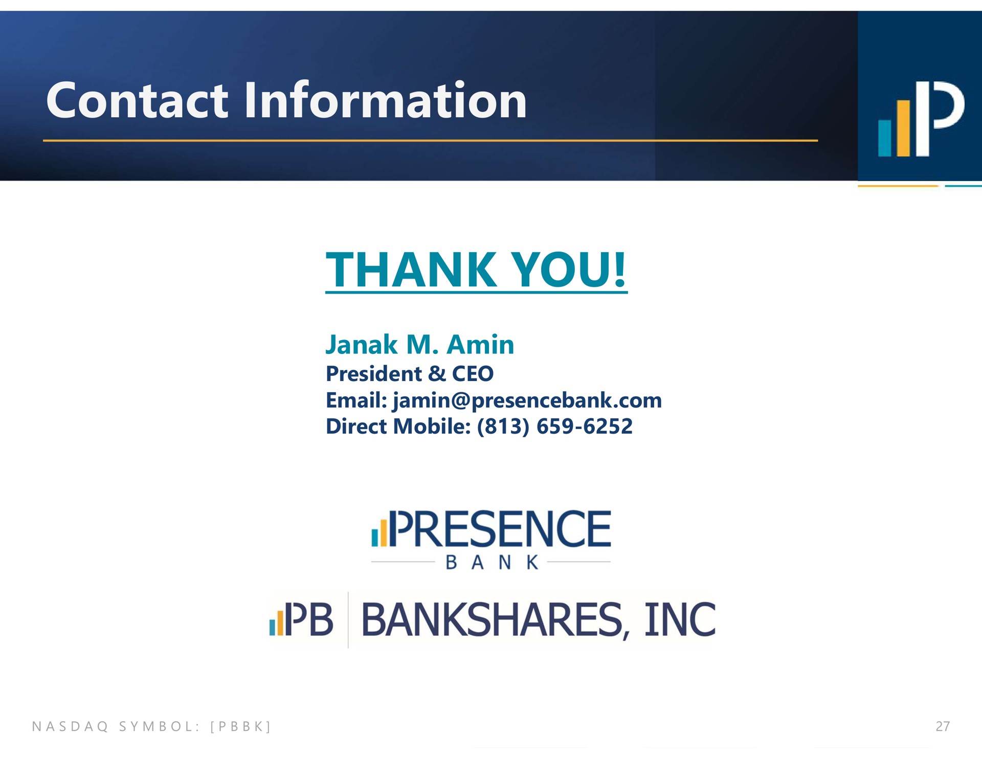 contact information thank you presence | PB Bankshares