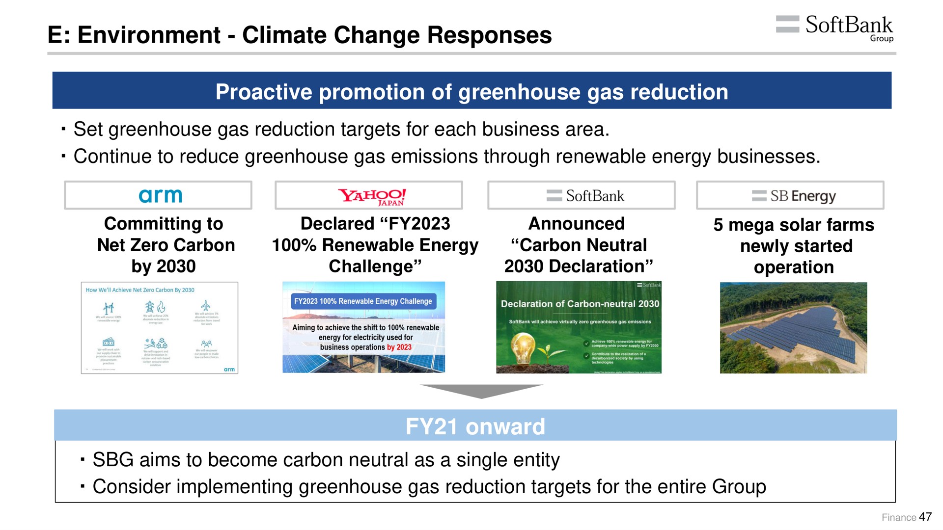 environment climate change responses promotion of greenhouse gas reduction set greenhouse gas reduction targets for each business area continue to reduce greenhouse gas emissions through renewable energy businesses aims to become carbon neutral as a single entity consider implementing greenhouse gas reduction targets for the entire group onward | SoftBank