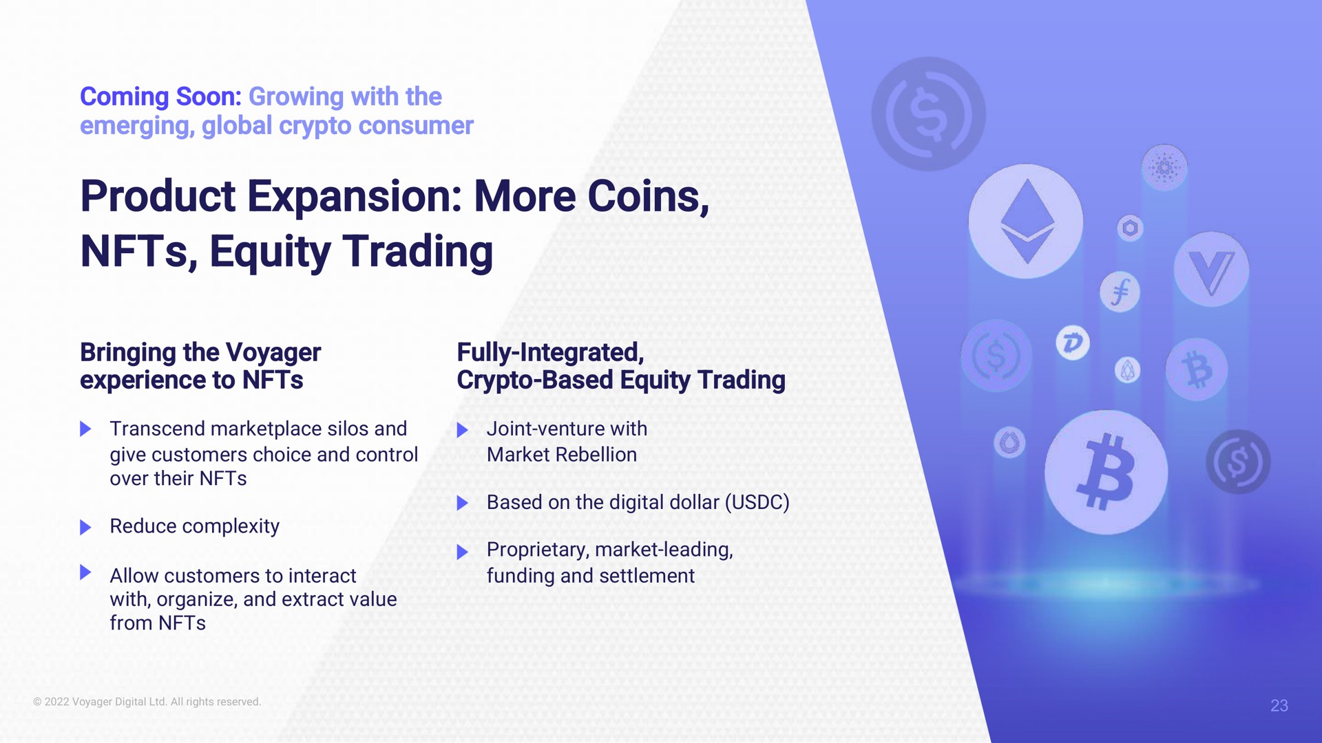 coming soon growing with the emerging global consumer product expansion more coins equity trading bringing the voyager experience to fully integrated based equity trading | Voyager Digital