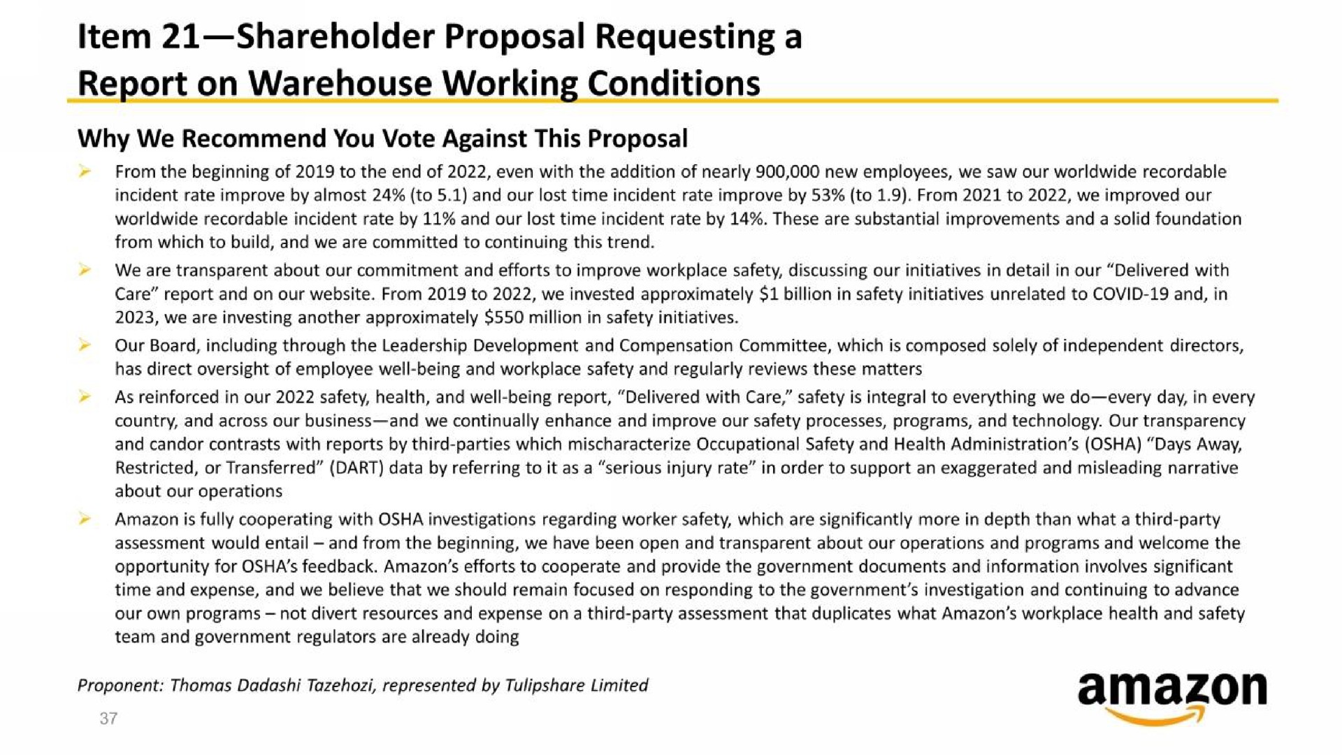 item shareholder proposal requesting a report on warehouse working conditions | Amazon