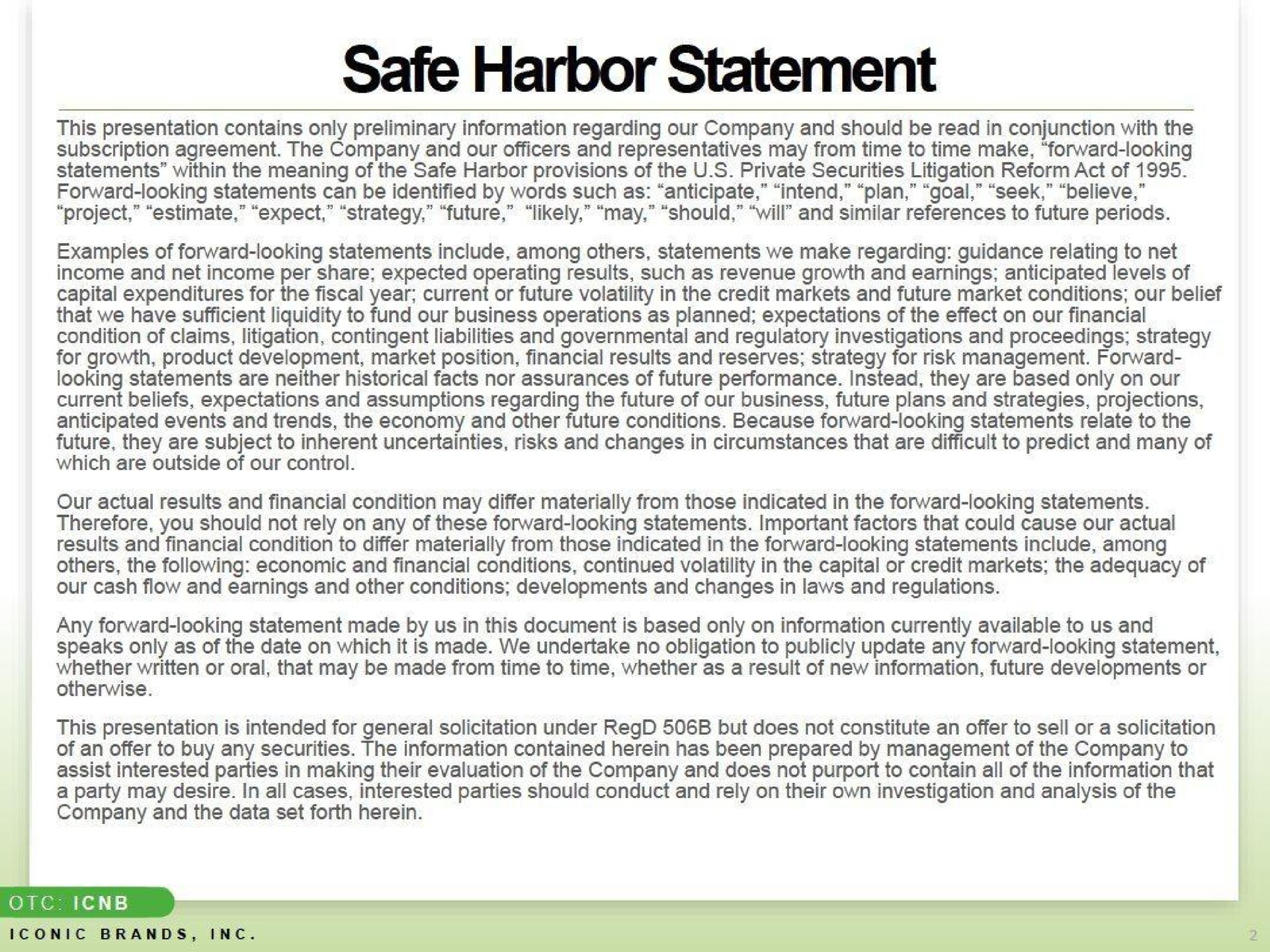 safe harbor statement | Iconic Brands