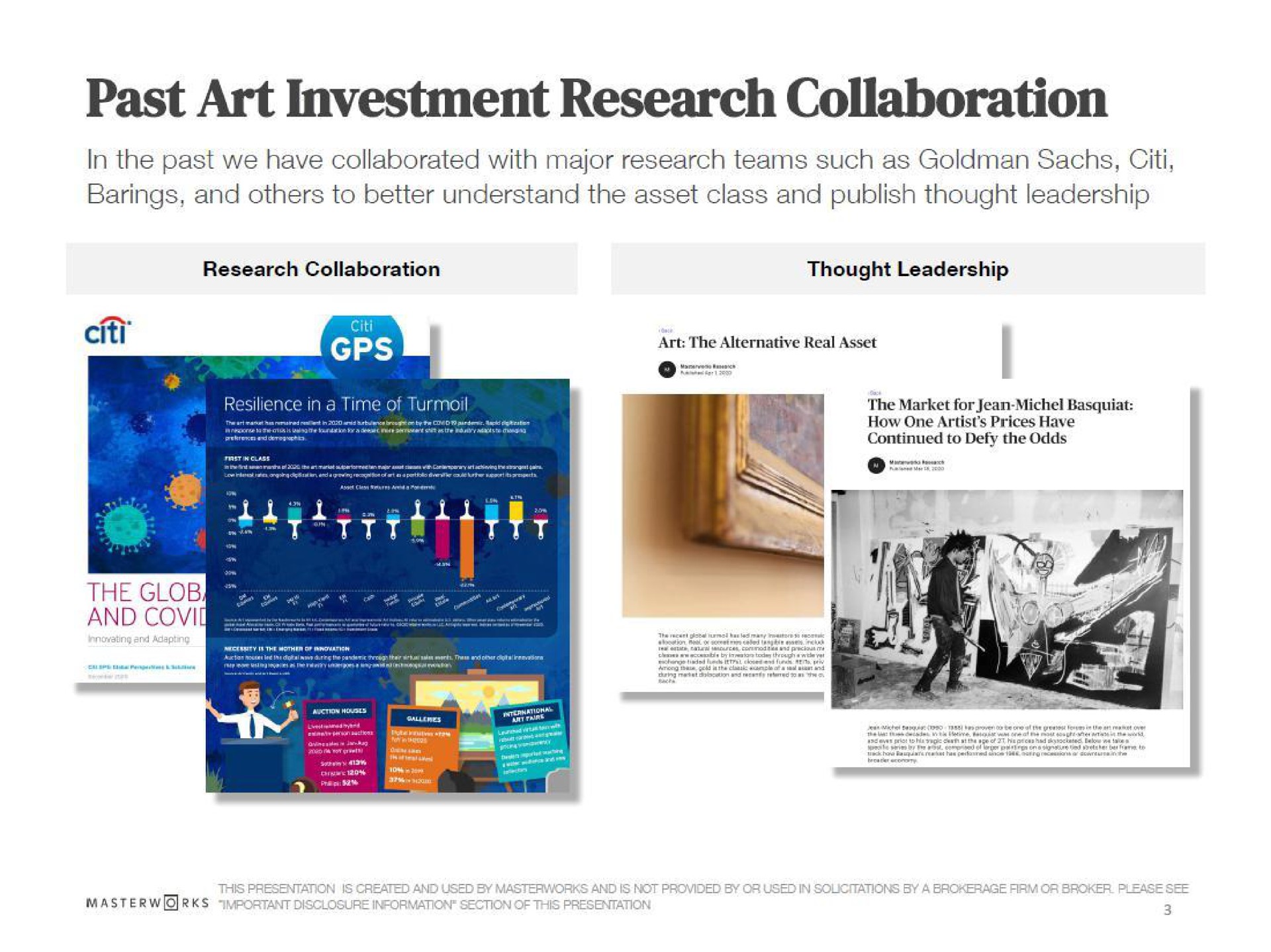 past art investment research collaboration in the past we have collaborated with major research teams such as barings and to better understand the asset class and publish thought leadership | Masterworks