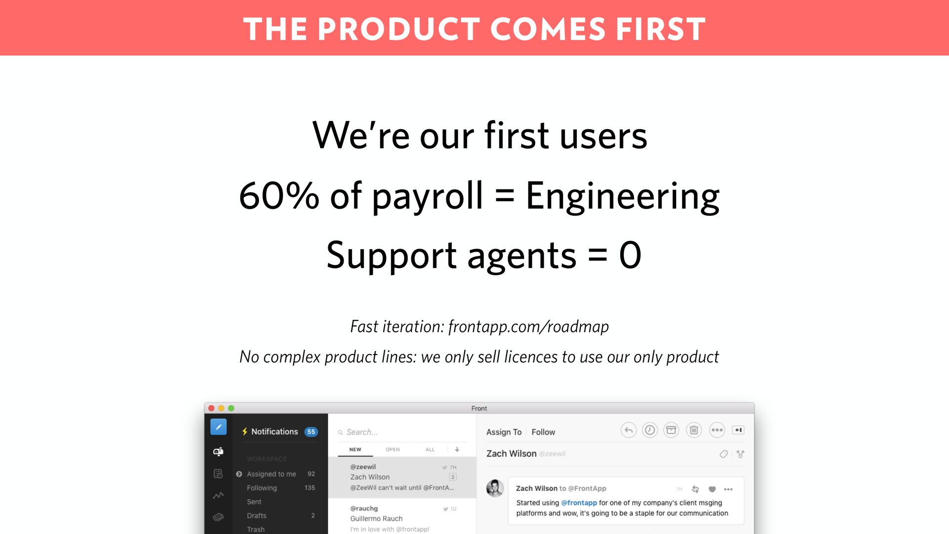 the product comes first we our first users of payroll engineering support agents | Front