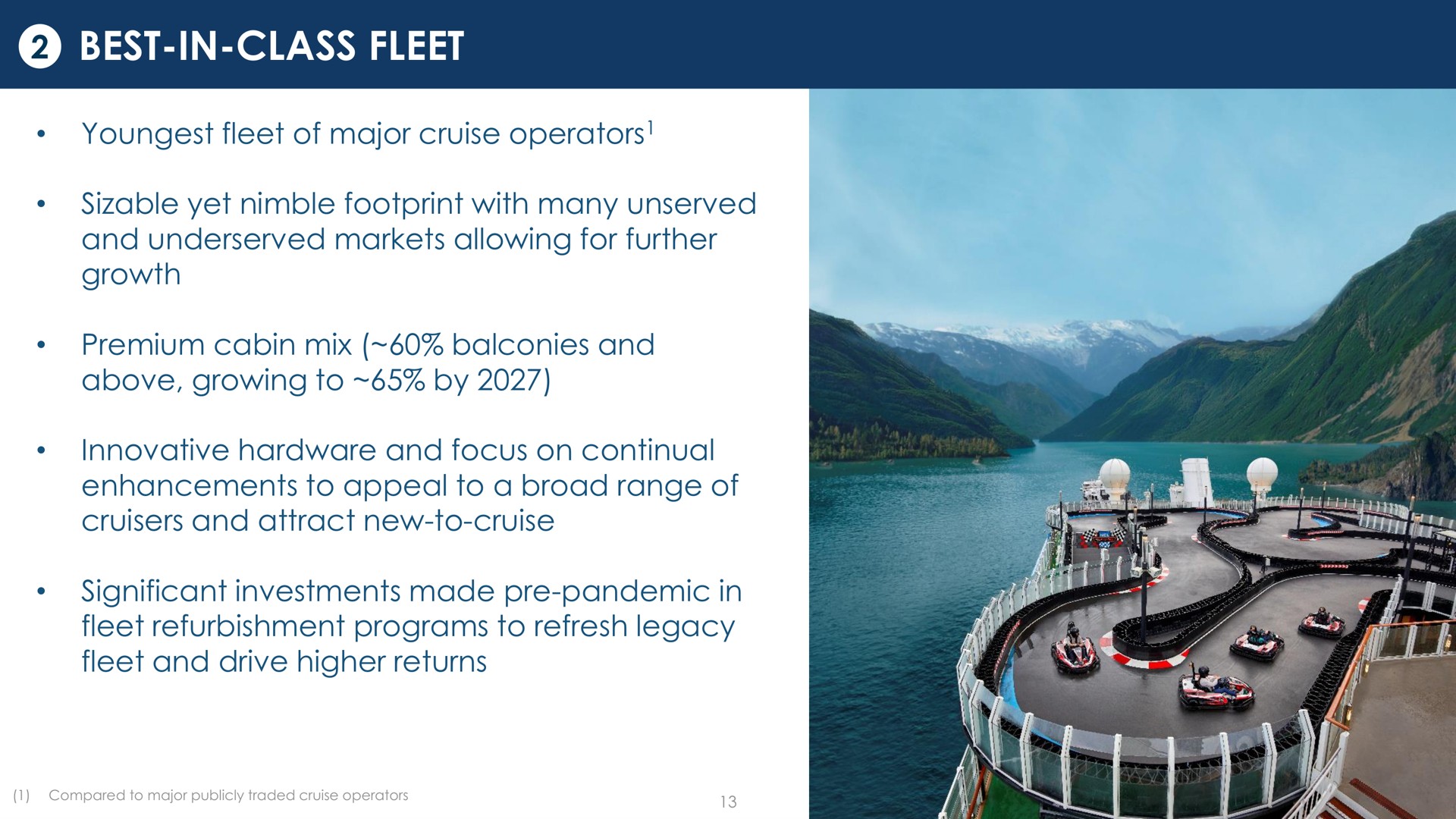 best in class fleet fleet of major cruise operators sizable yet nimble footprint with many unserved and markets allowing for further growth premium cabin mix balconies and above growing to by innovative hardware and focus on continual enhancements to appeal to a broad range of cruisers and attract new to cruise significant investments made pandemic in fleet refurbishment programs to refresh legacy fleet and drive higher returns | Norwegian Cruise Line
