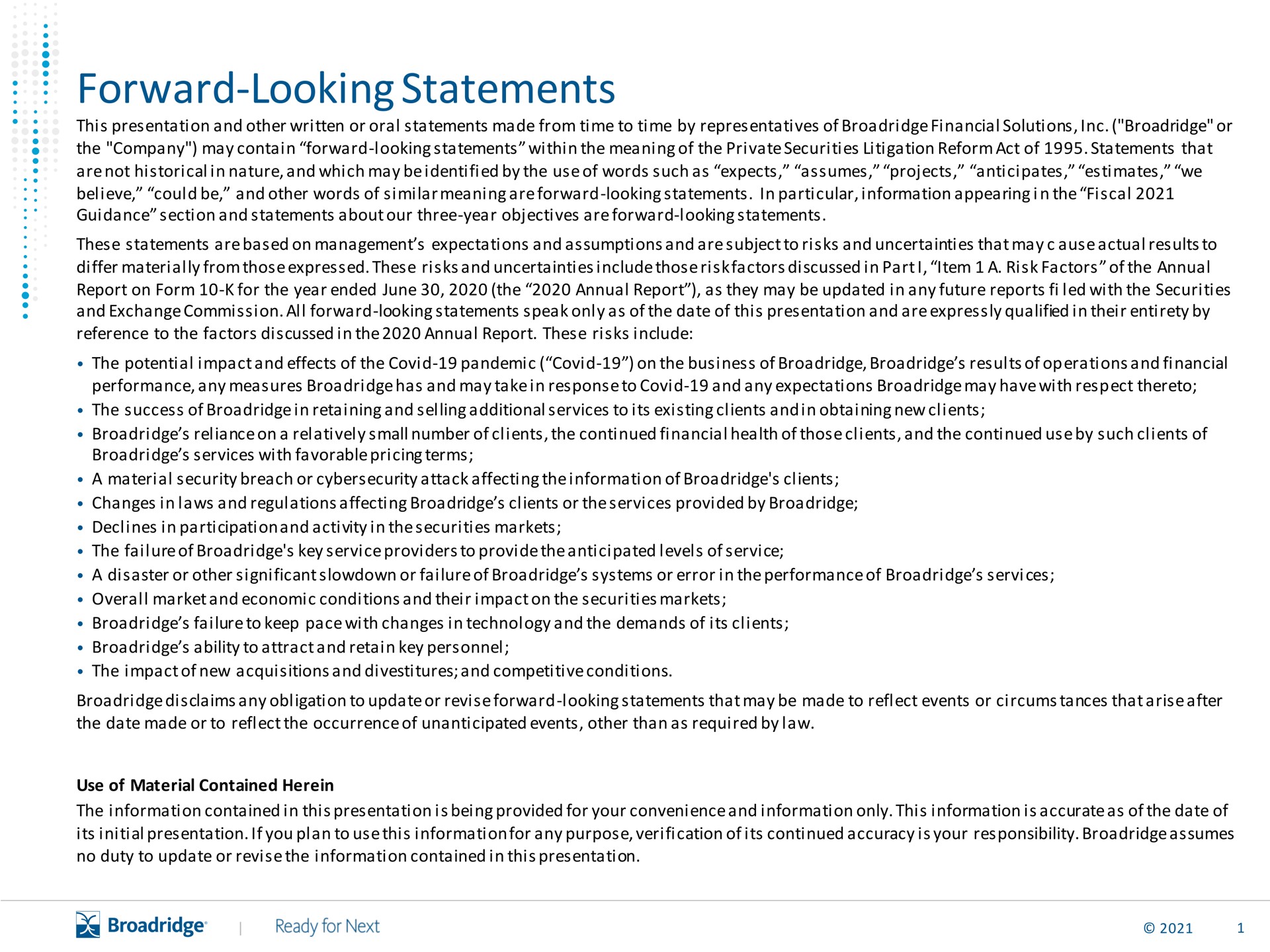 forward looking statements | Broadridge Financial Solutions