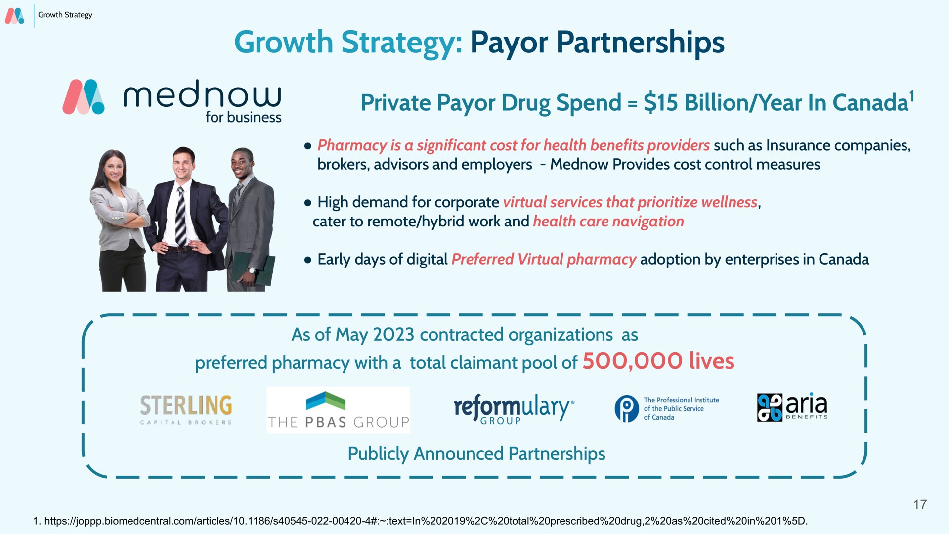 growth strategy payor partnerships private payor drug spend billion year in canada canada preferred pharmacy with a total claimant pool of lives | Mednow