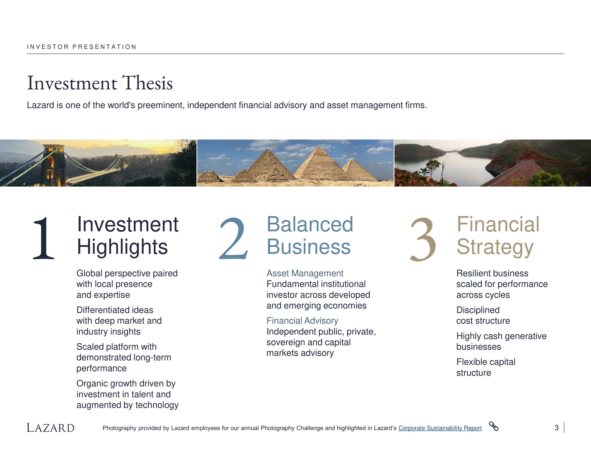 investment thesis investment highlights balanced business financial strategy | Lazard