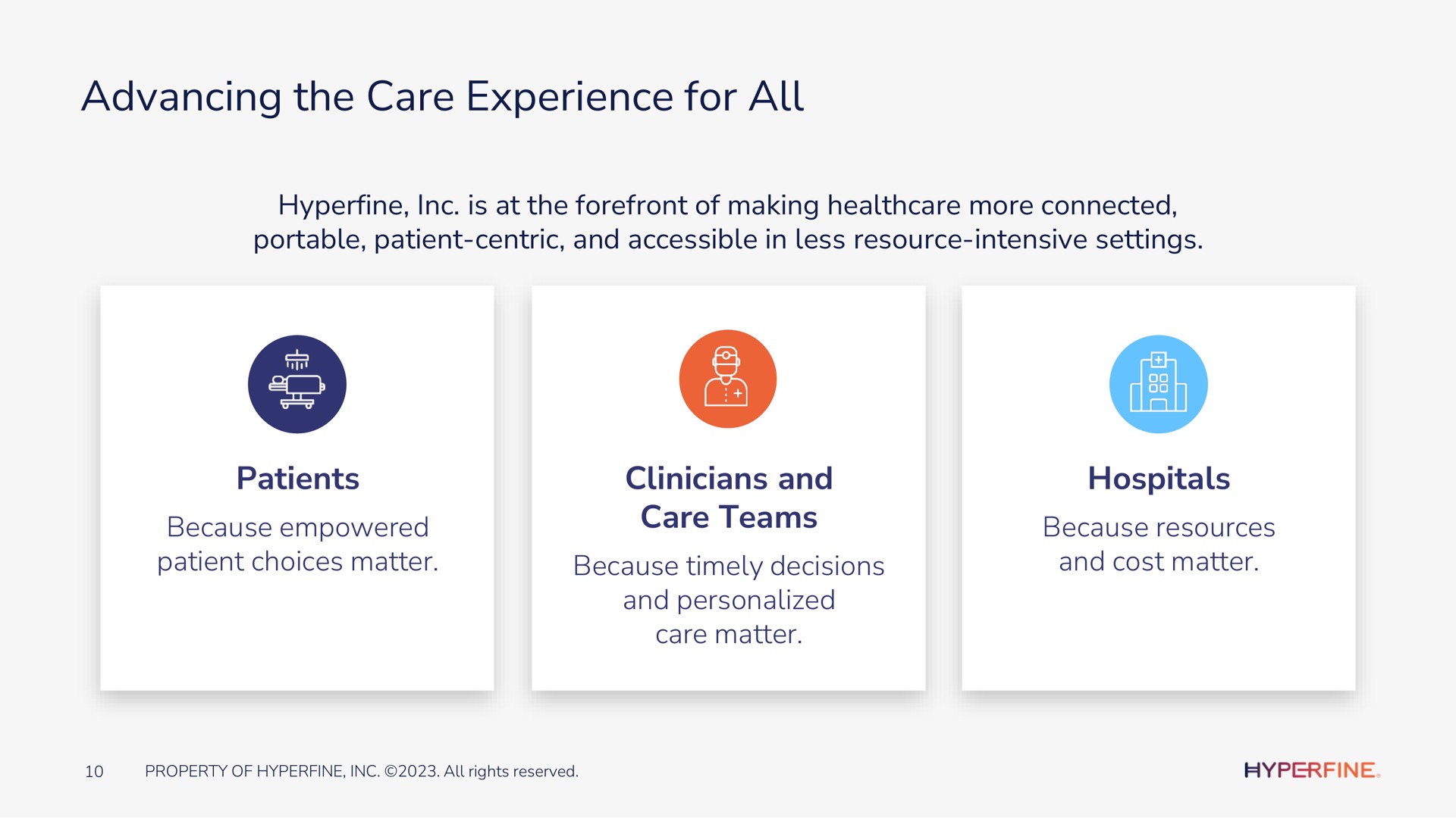 advancing the care experience for all hyperfine is at the forefront of making more connected portable patient centric and accessible in less resource intensive settings patients because empowered patient choices matter clinicians and care teams because timely decisions and personalized care matter hospitals because resources and cost matter | Hyperfine