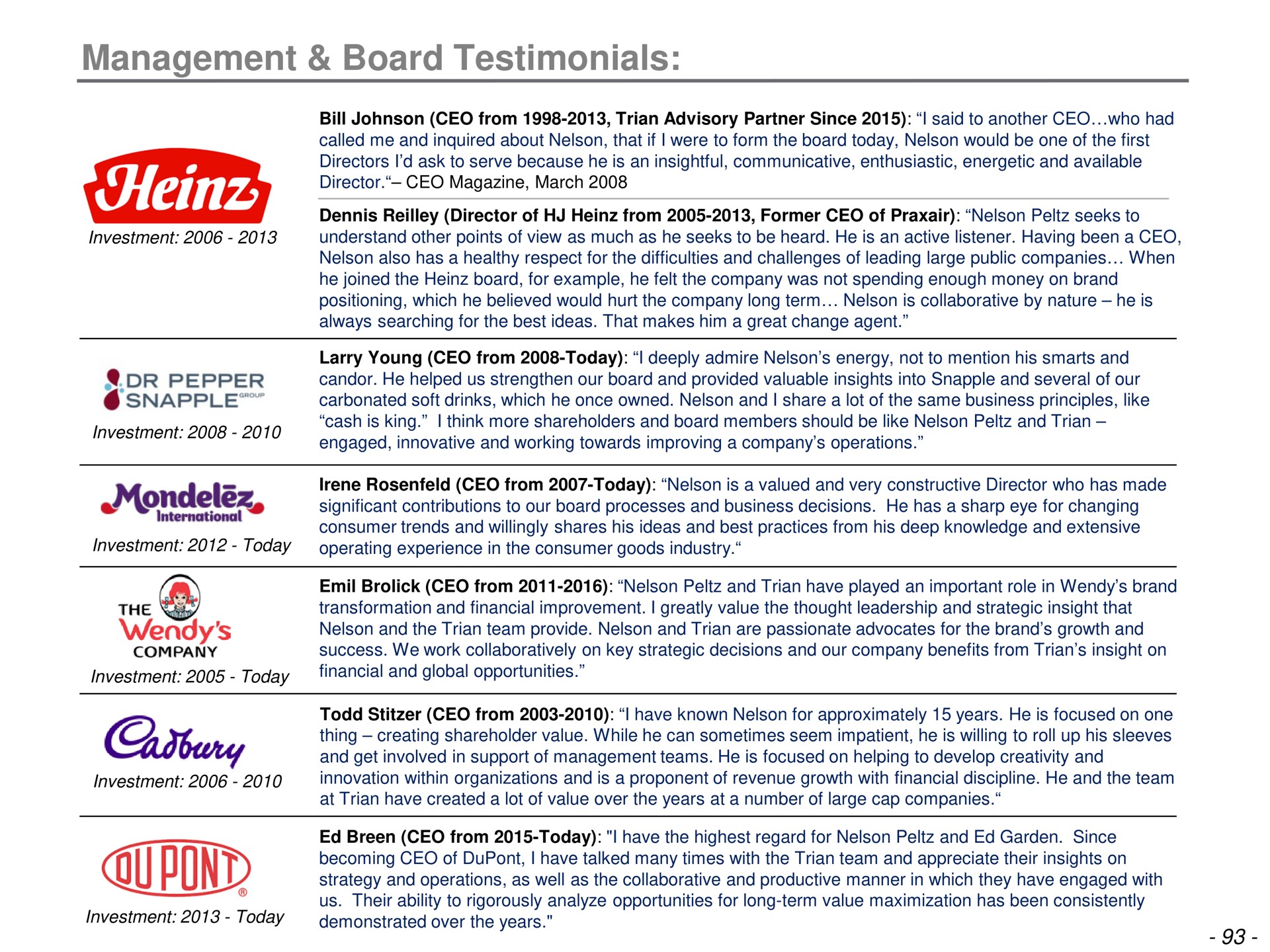 management board testimonials | Trian Partners