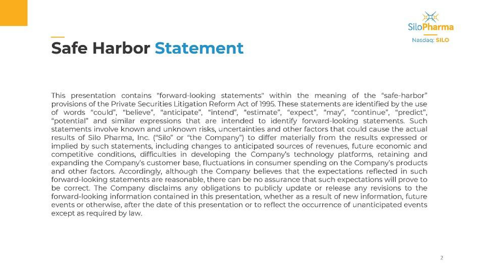 safe harbor statement | Silo Pharma
