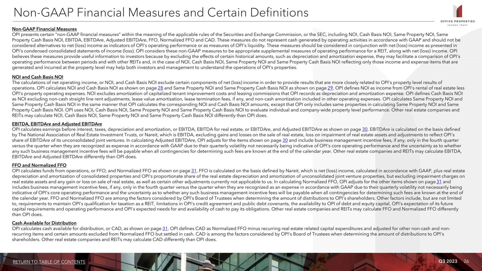 non financial measures and certain definitions i | Office Properties Income Trust