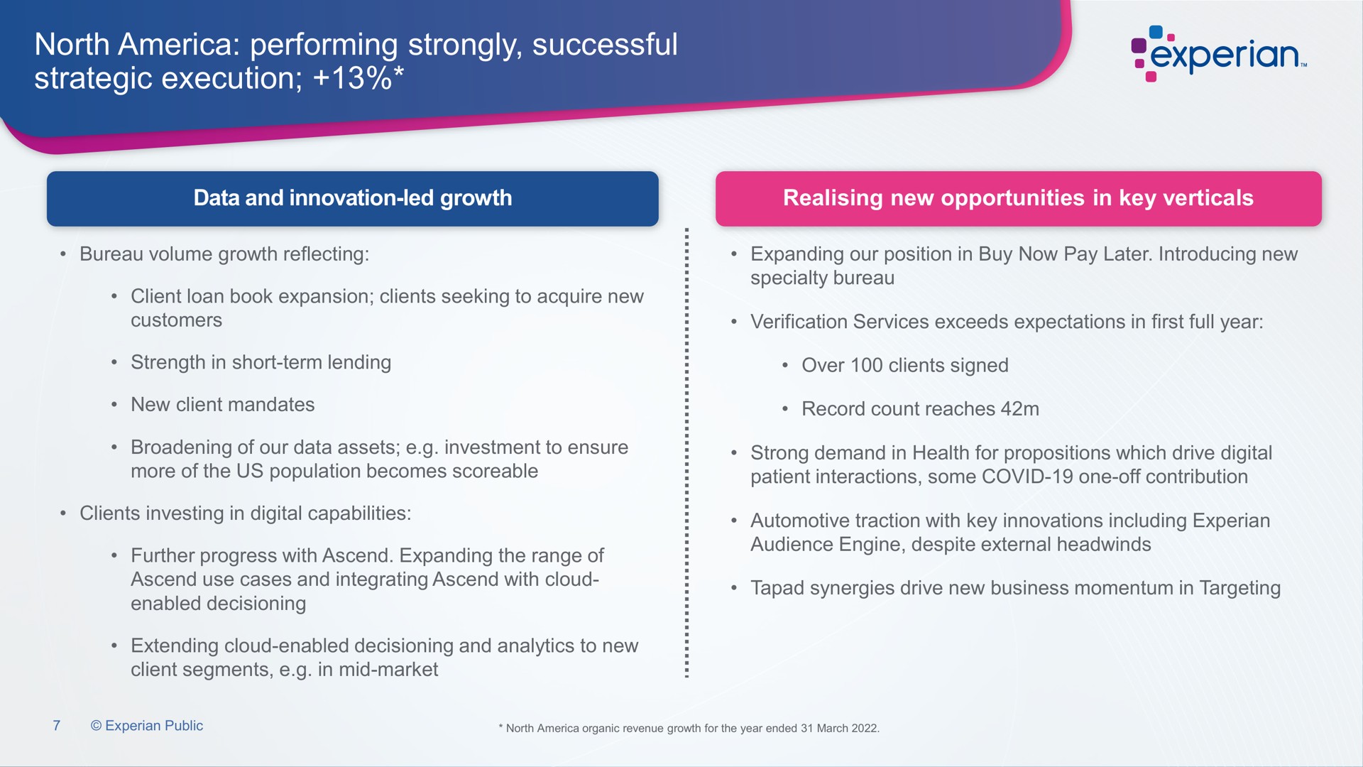 north performing strongly successful strategic execution | Experian