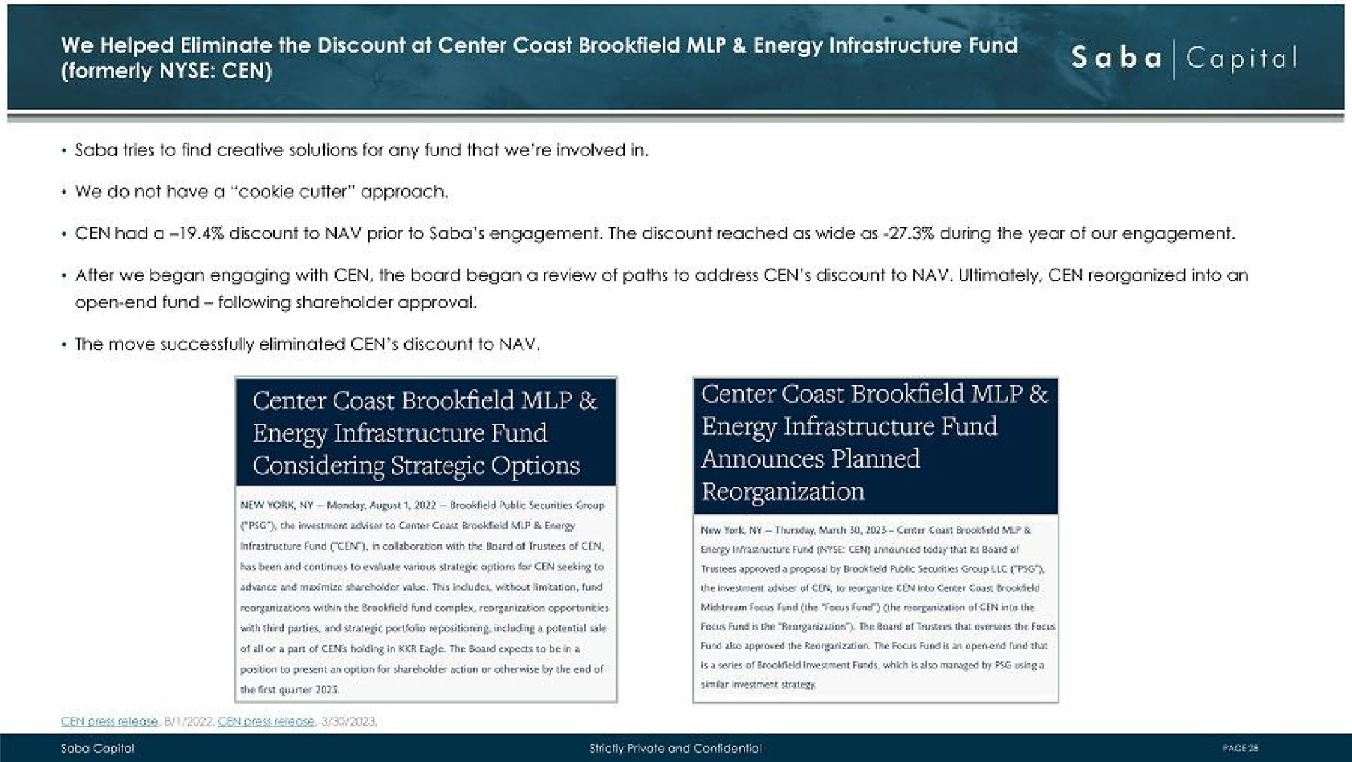 formerly tol no aged center coast energy infrastructure fund considering center lim announces planned reorganization | Saba Capital Management