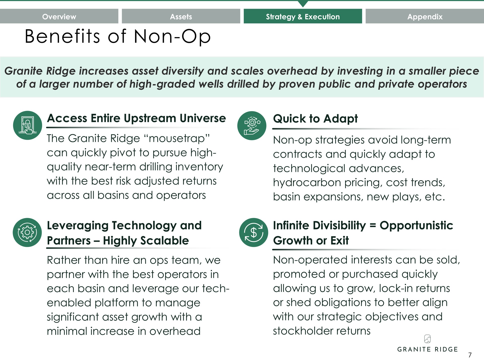 benefits of non access entire upstream universe quick to adapt leveraging technology and partners highly scalable infinite divisibility opportunistic growth or exit | Granite Ridge