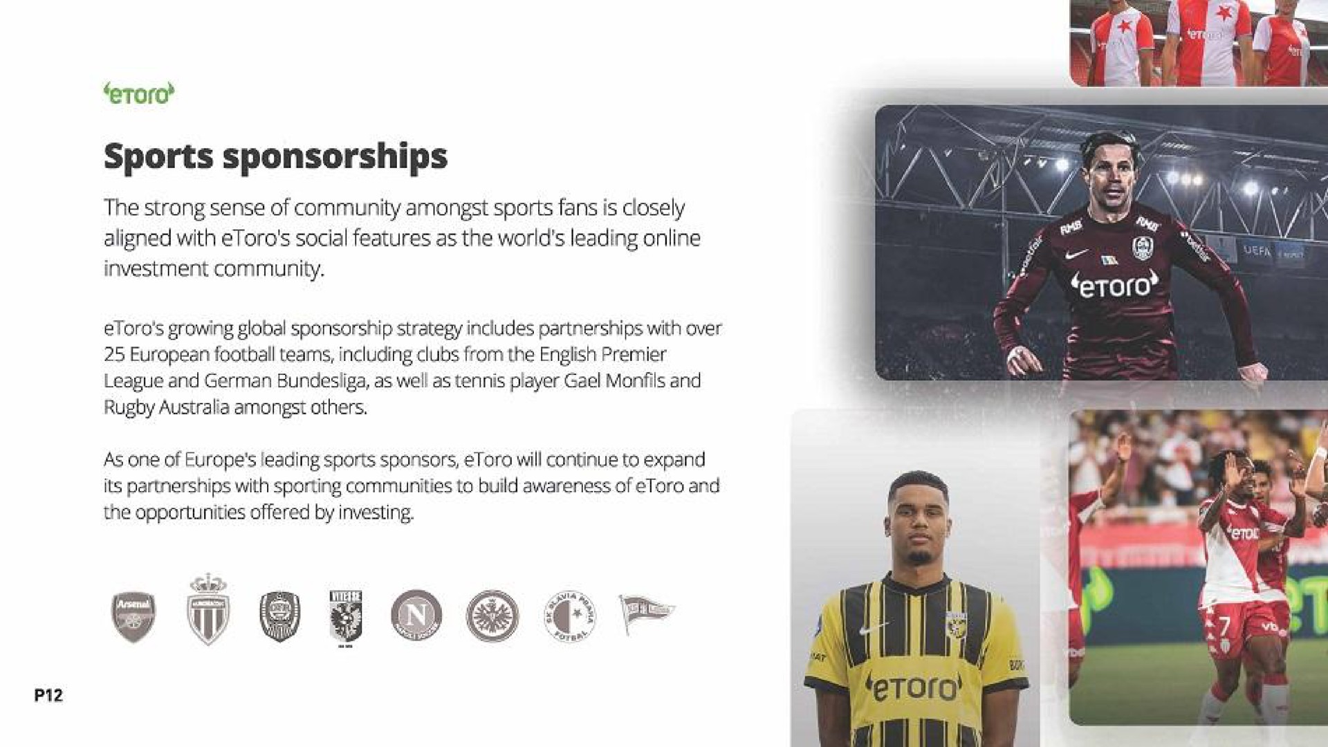 sports sponsorships the strong sense of community amongst sports fans is closely aligned with social features as the world leading investment community football including clubs from the premier its partnerships with sporting communities to build awareness of and | eToro