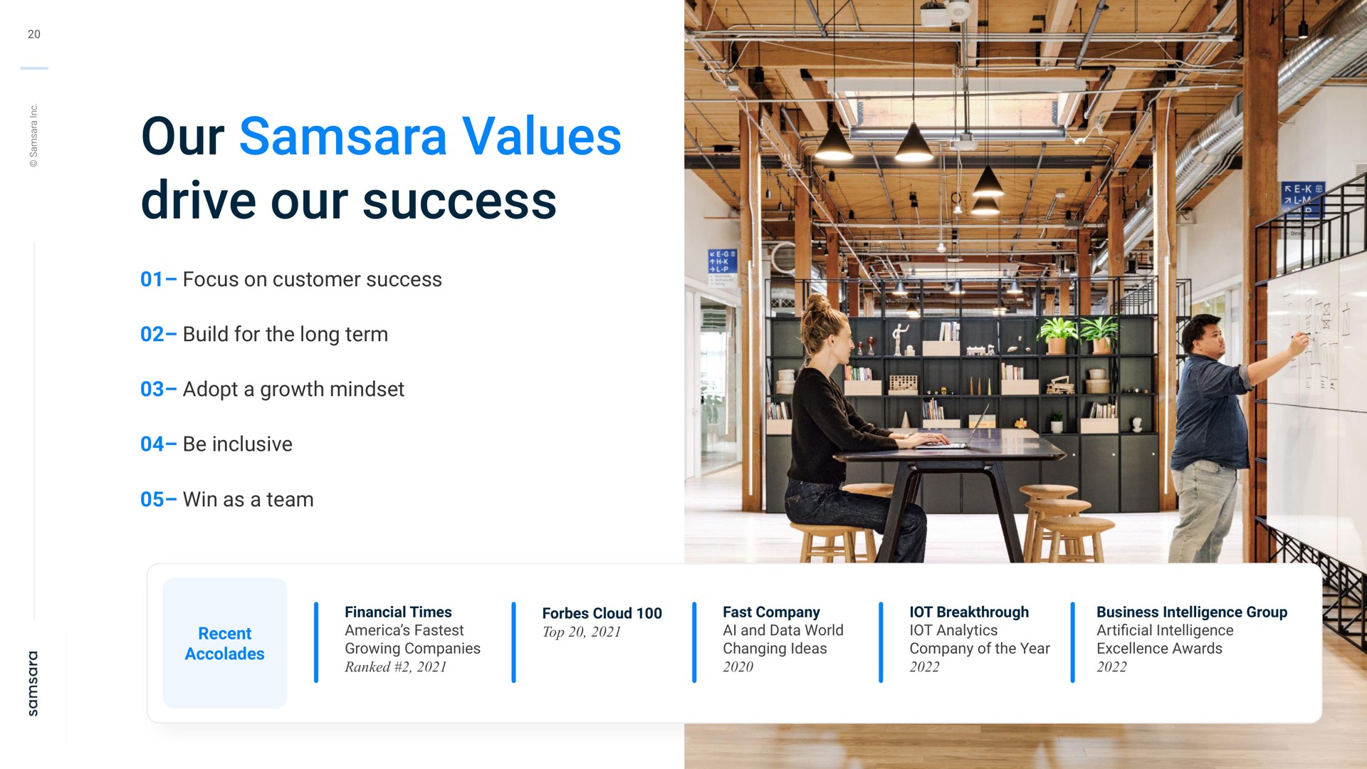 our samsara values drive our success focus on customer success build for the long term adopt a growth be inclusive win as a team recent accolades financial times growing companies ranked cloud top fast company and data world changing ideas breakthrough analytics company of the year business intelligence group intelligence excellence awards | Samsara