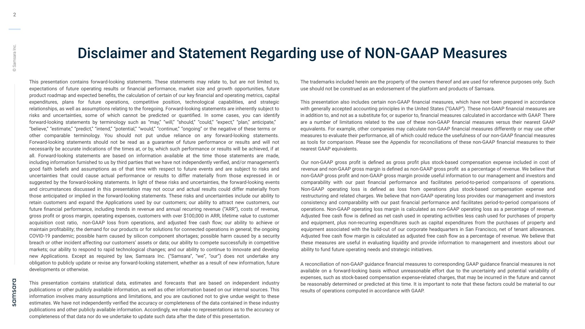 disclaimer and statement regarding use of non measures | Samsara