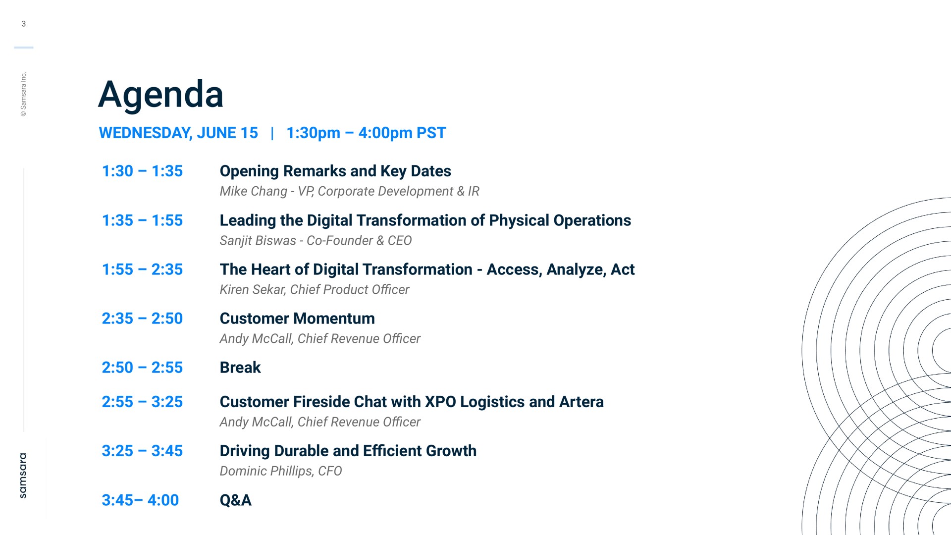 agenda june pst opening remarks and key dates mike chang corporate development leading the digital transformation of physical operations founder the heart of digital transformation access analyze act chief product customer momentum chief revenue break customer fireside chat with logistics and chief revenue driving durable and growth a | Samsara